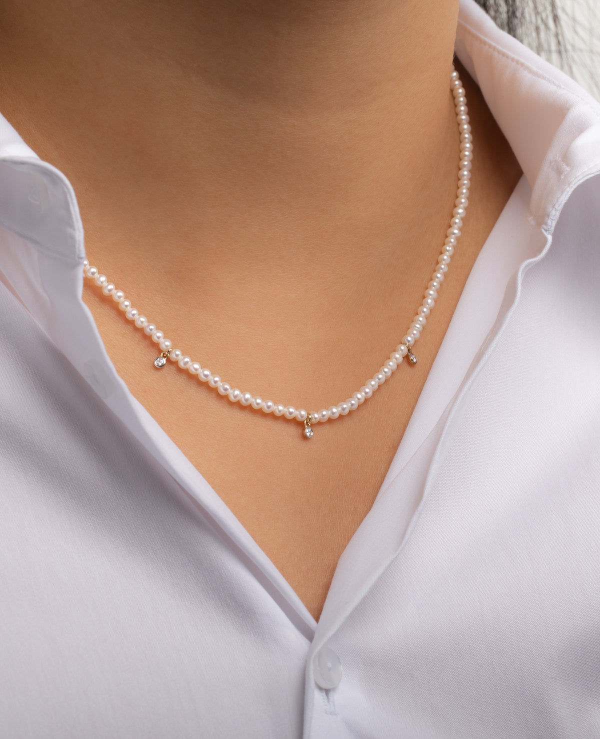 Pearl Beaded with Diamond Bezel Necklace