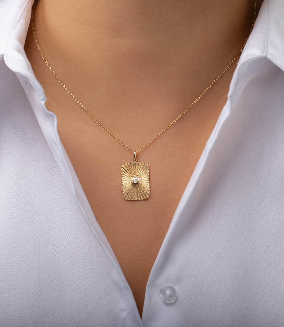 14K Gold Pleated Tag with Diamond Necklace