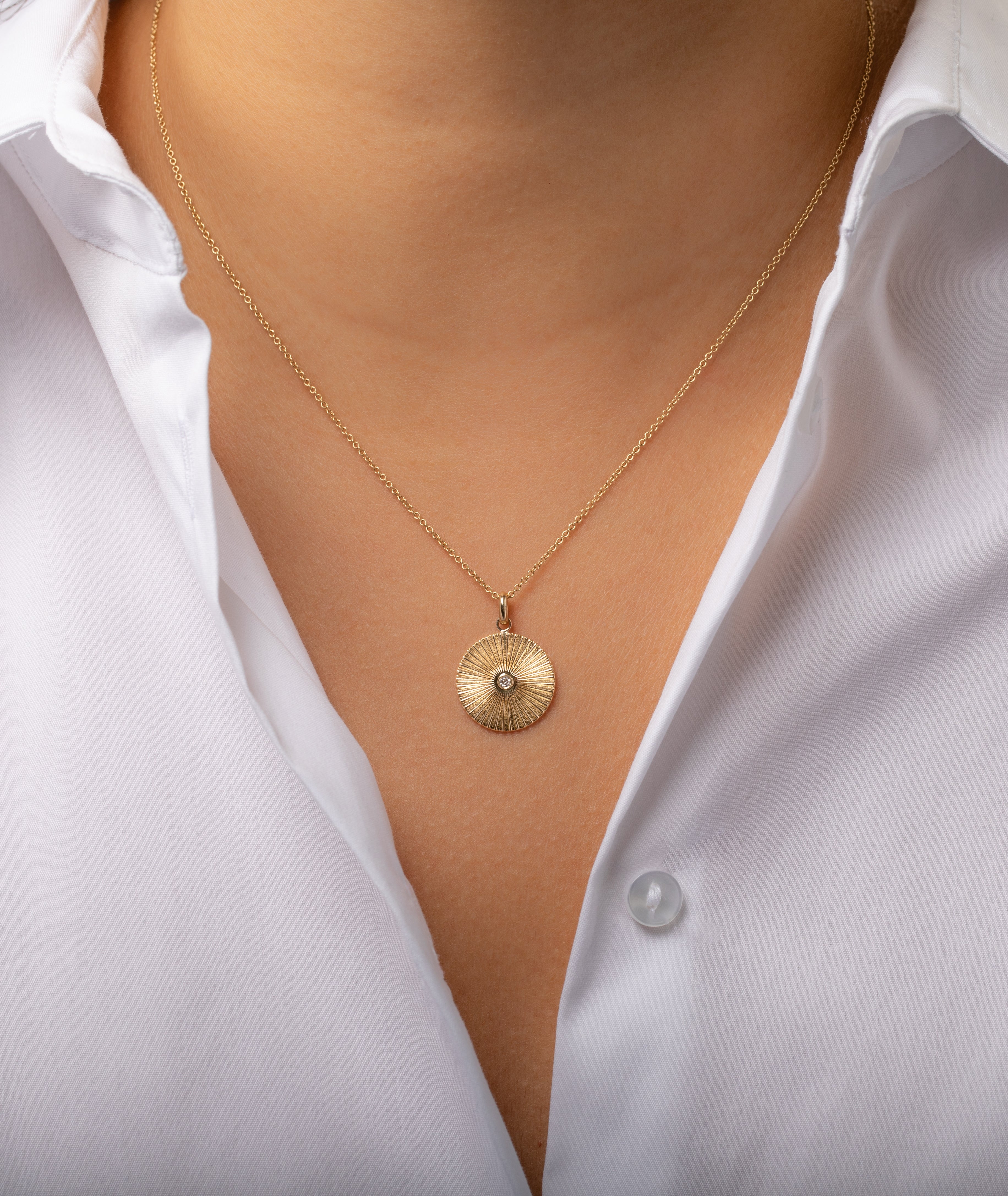 14K Gold Fluted Disc with Diamond Necklace Zoe Lev Jewelry