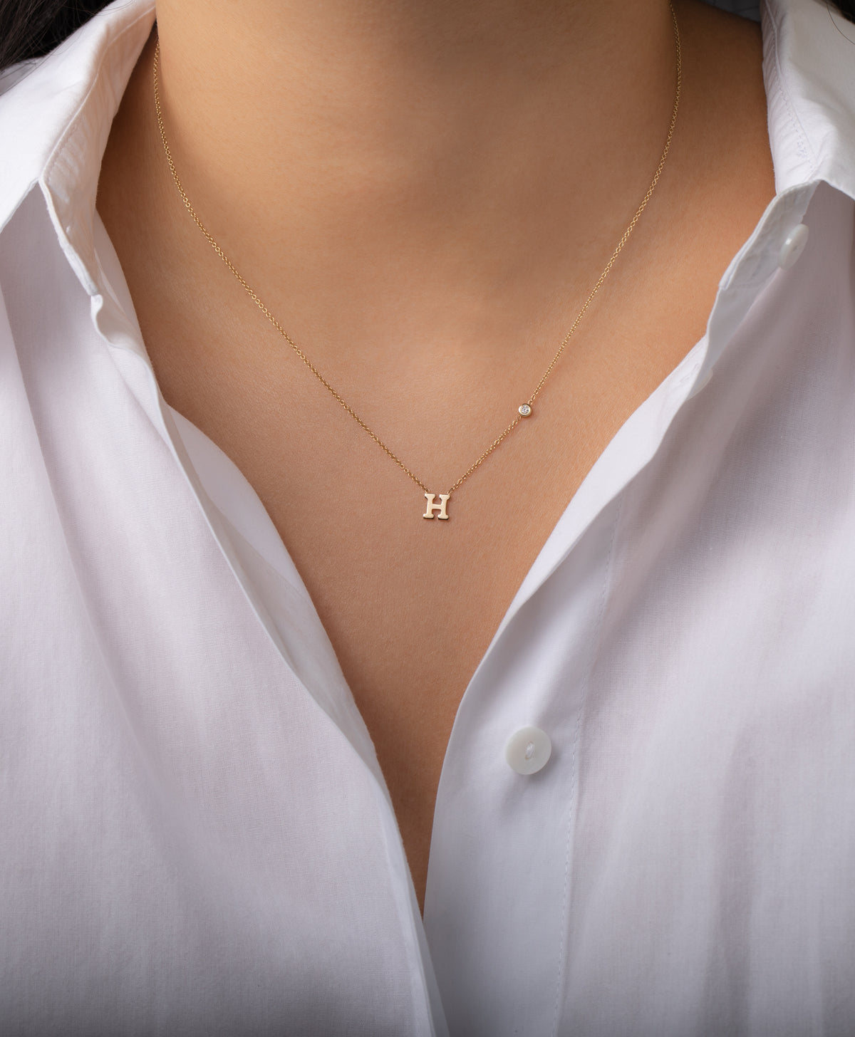 14k Gold Initial and Bezel Diamond Necklace in Yellow Gold 
