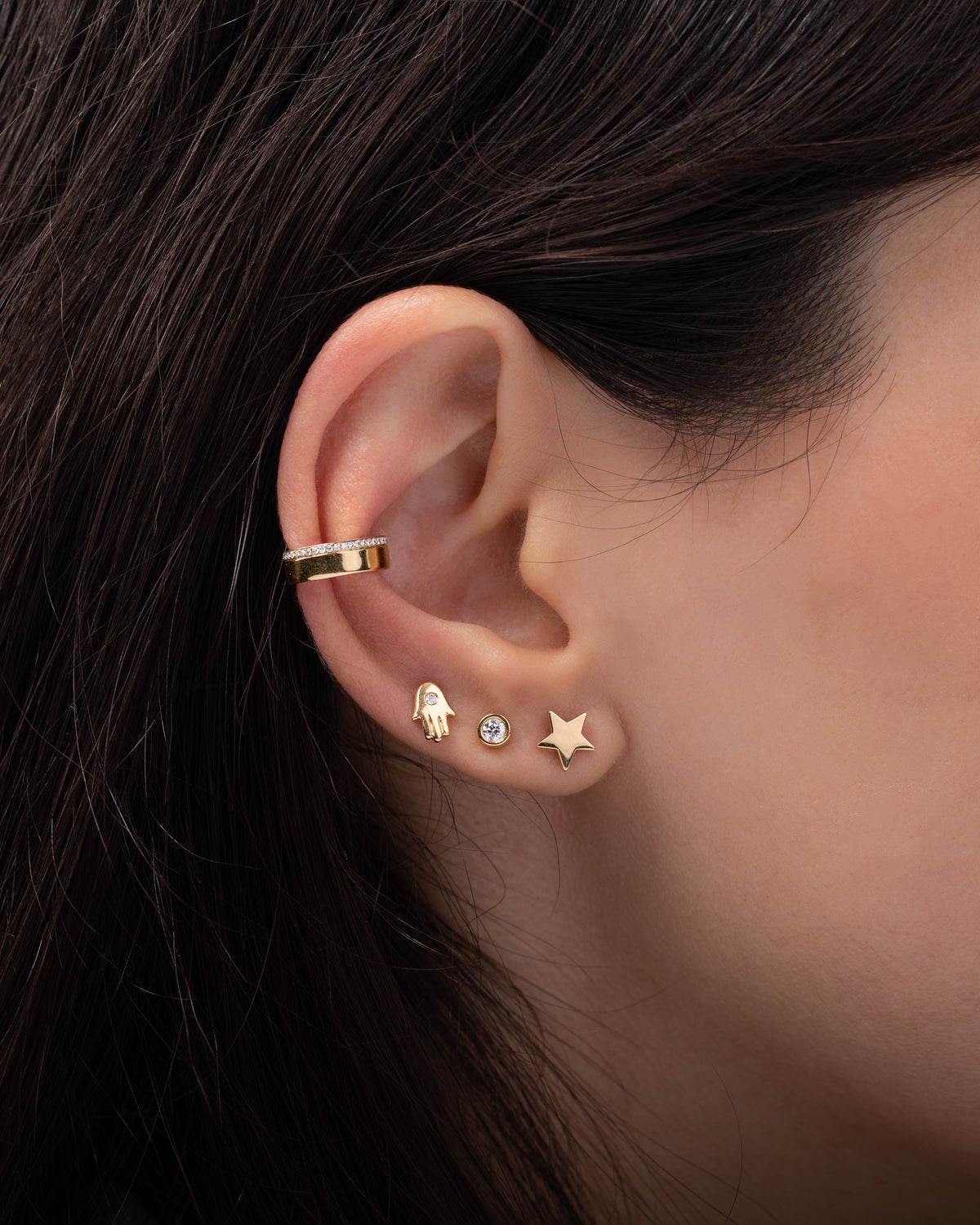 14k Gold Diamond Hamsa Stud Earrings