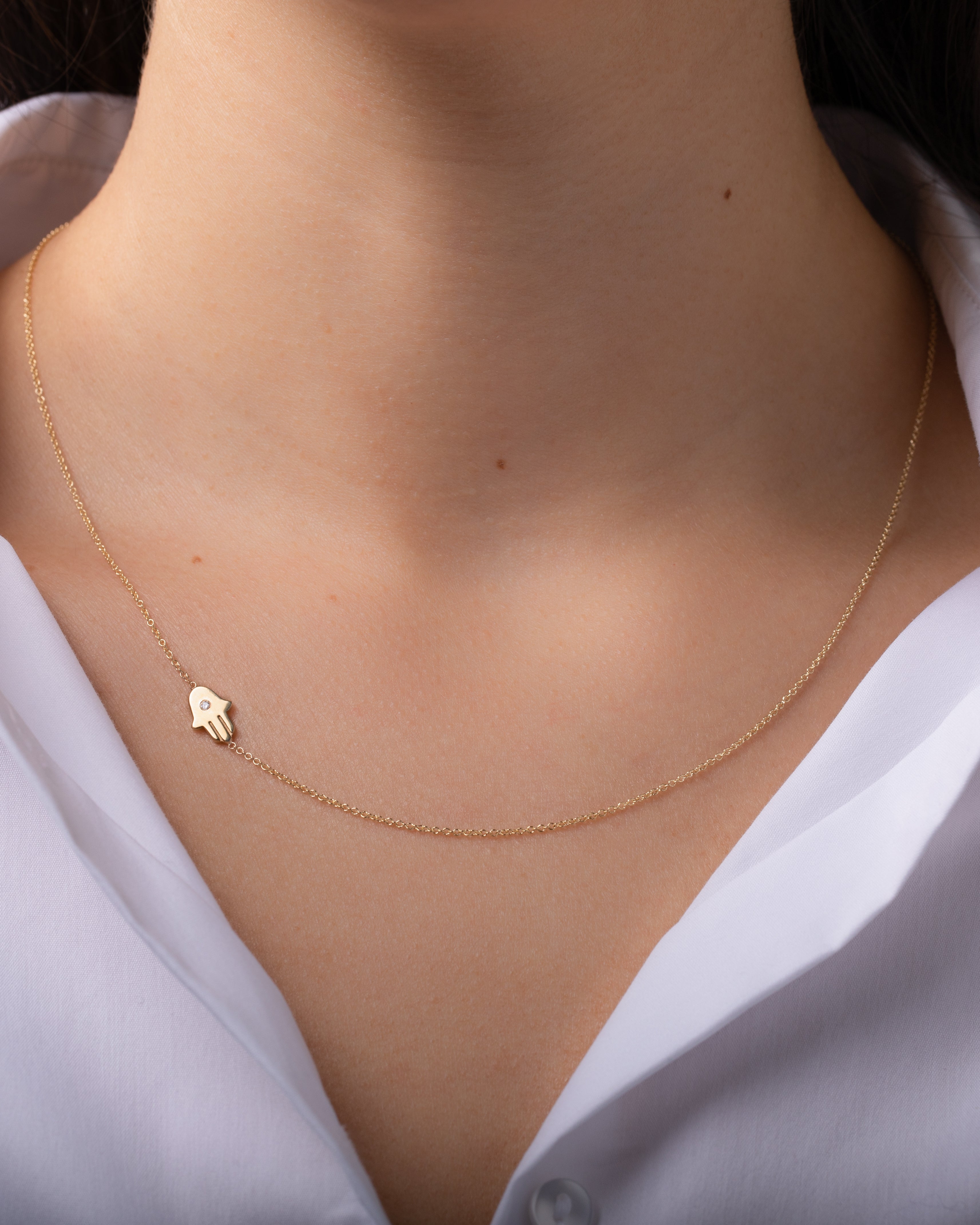 14k Gold Asymmetrical Hamsa with Diamond Necklace Zoe Lev Jewelry