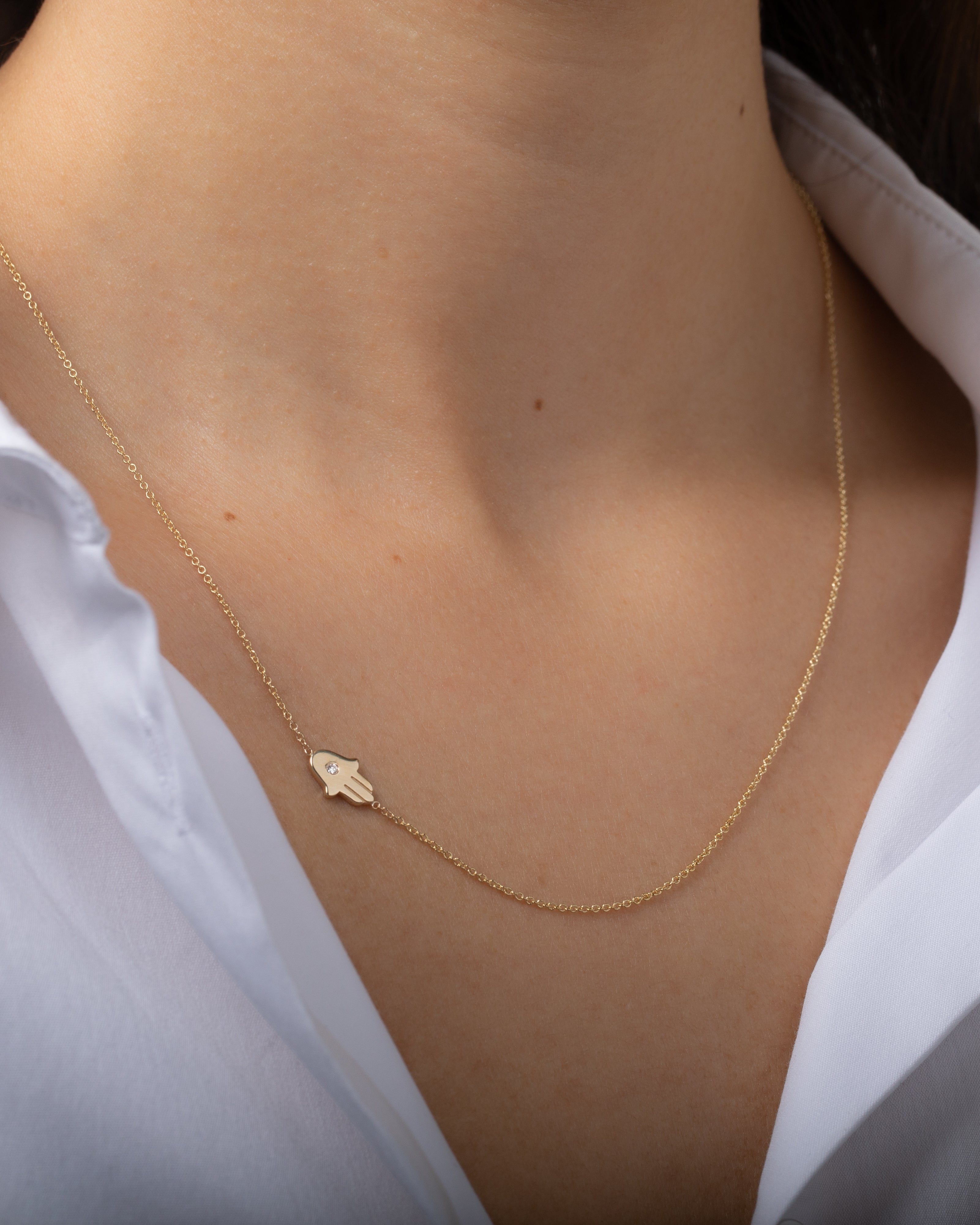 14k Gold Asymmetrical Hamsa with Diamond Necklace Zoe Lev Jewelry