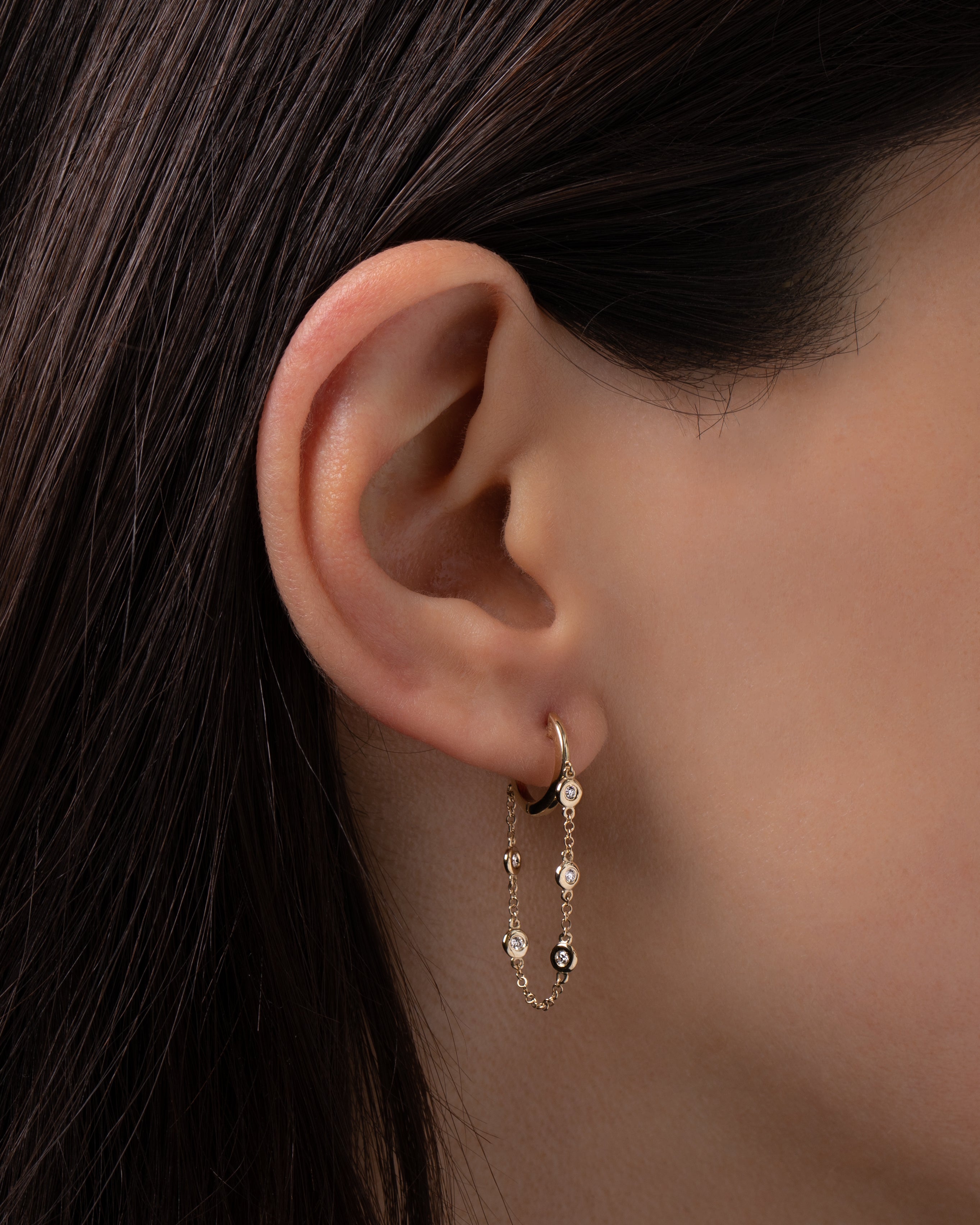 Gold Huggie Earrings with Bezel Chain Zoe Lev Jewelry