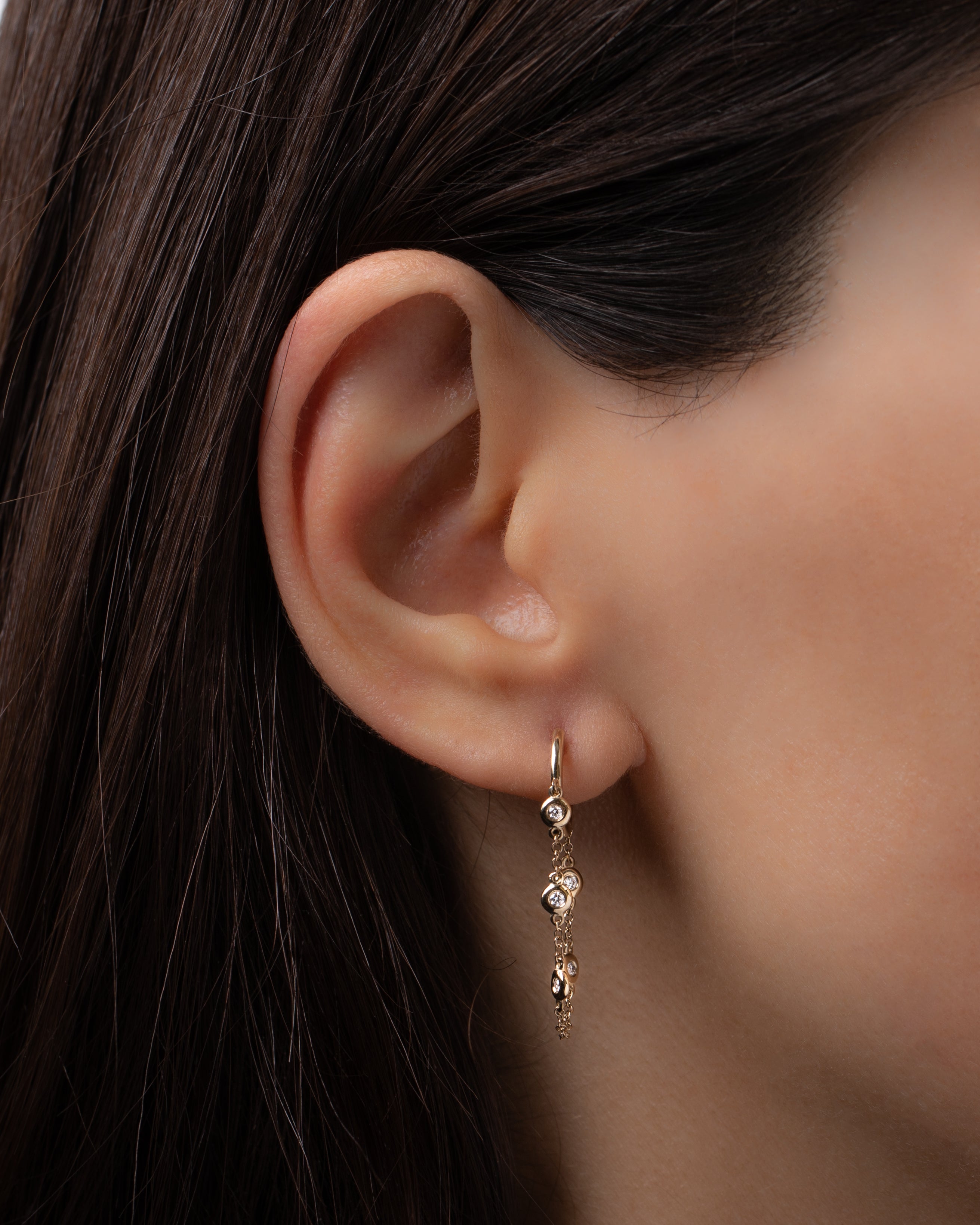 Gold Huggie Earrings with Bezel Chain Zoe Lev Jewelry