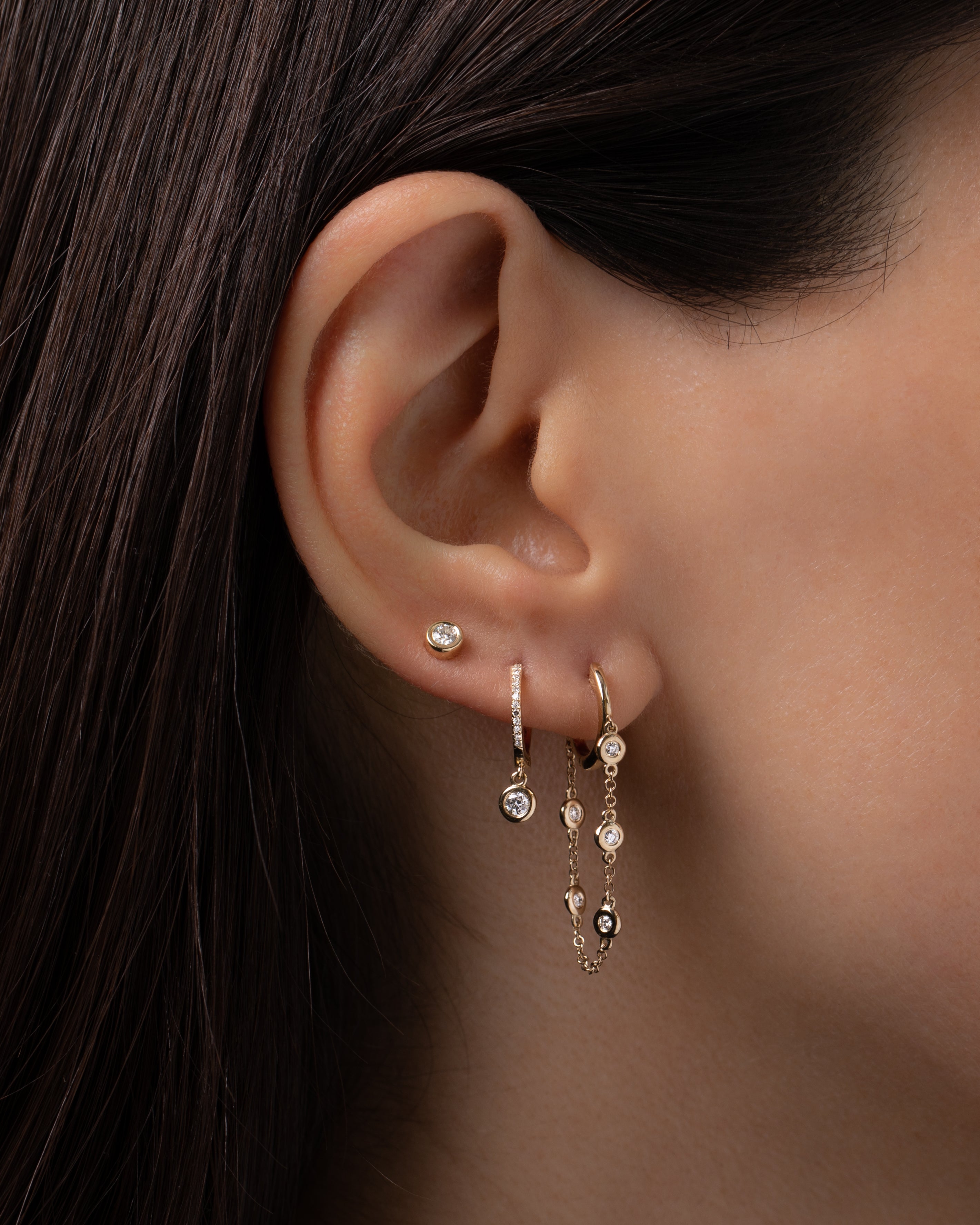 Gold Huggie Earrings with Bezel Chain Zoe Lev Jewelry