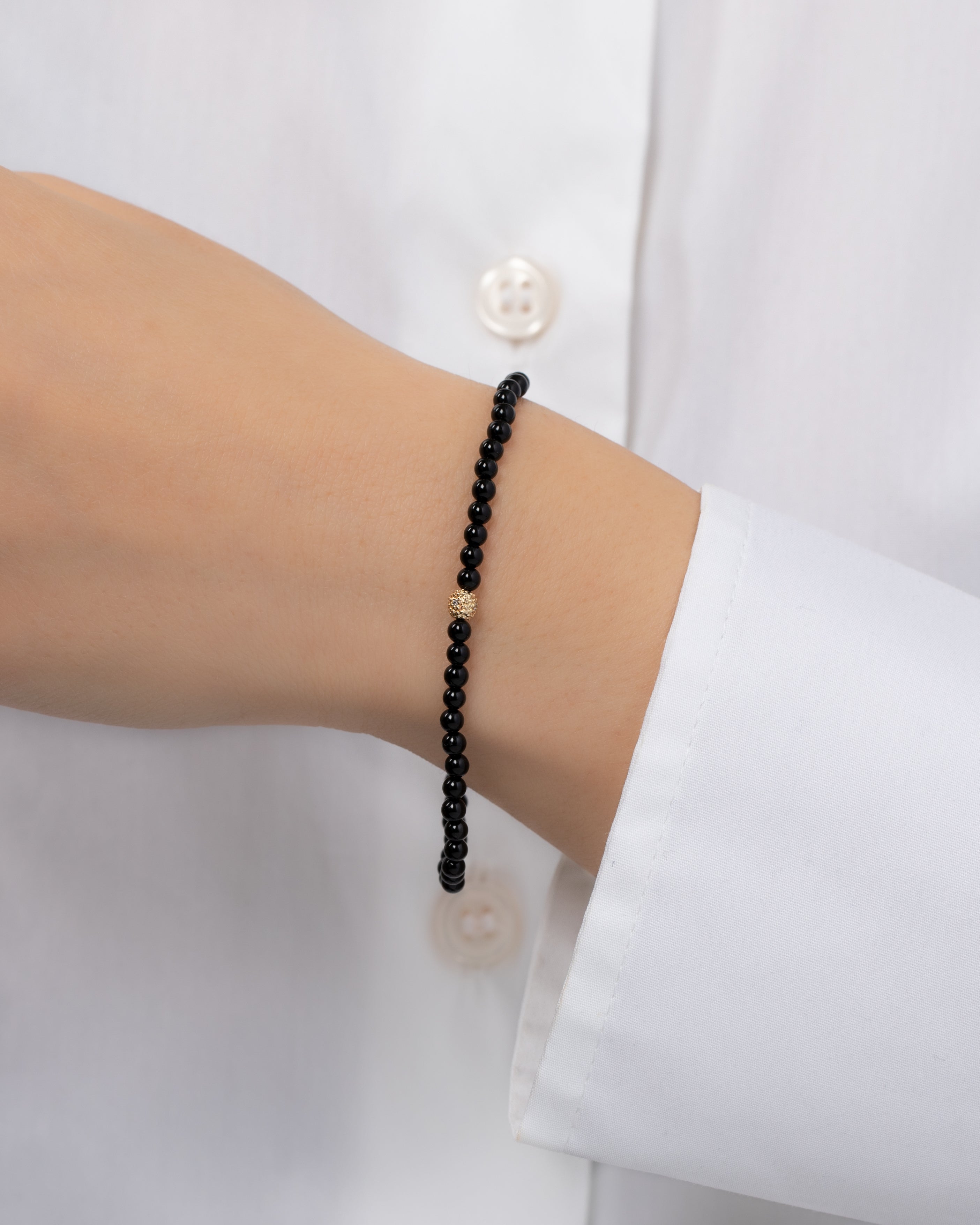 3mm Black Onyx Bead Bracelet with Diamond Bead Bead Bracelets Zoe Lev Jewelry