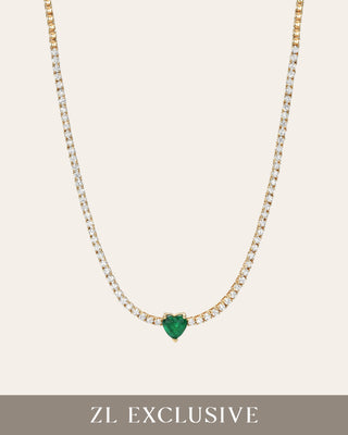 4 Prong Diamond Tennis Necklace with Heart Cut Emerald - Custom Order