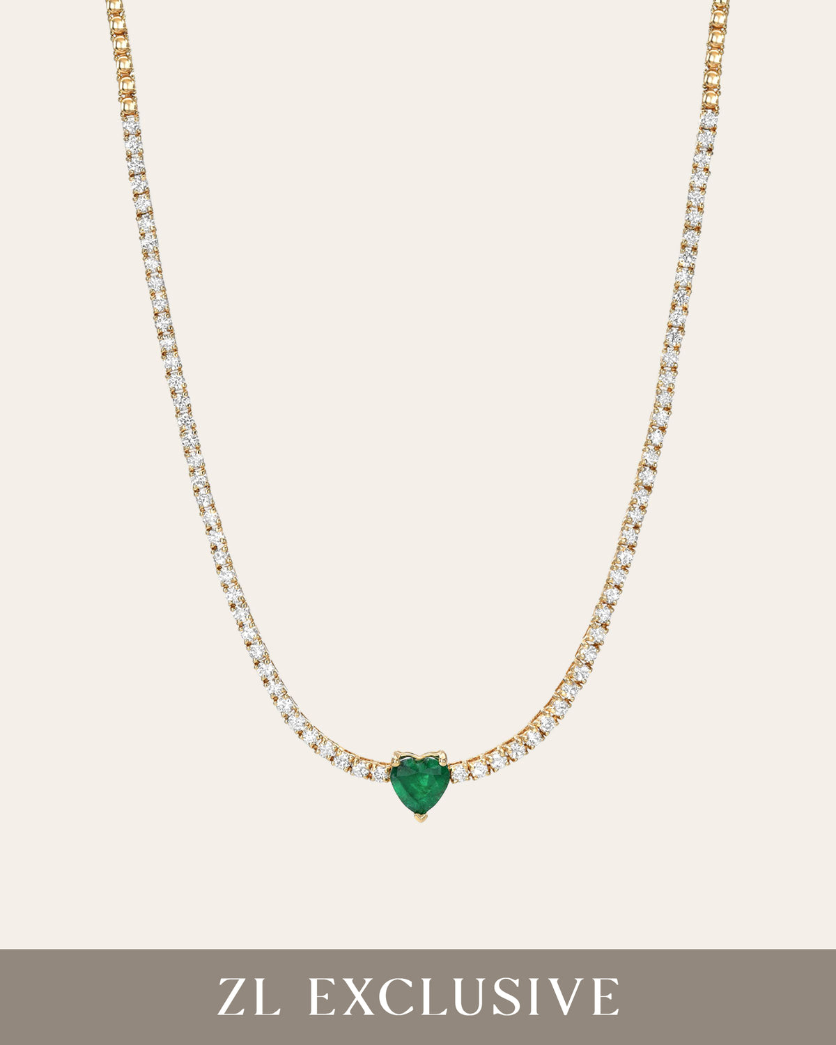4 Prong Diamond Tennis Necklace with Heart Cut Emerald