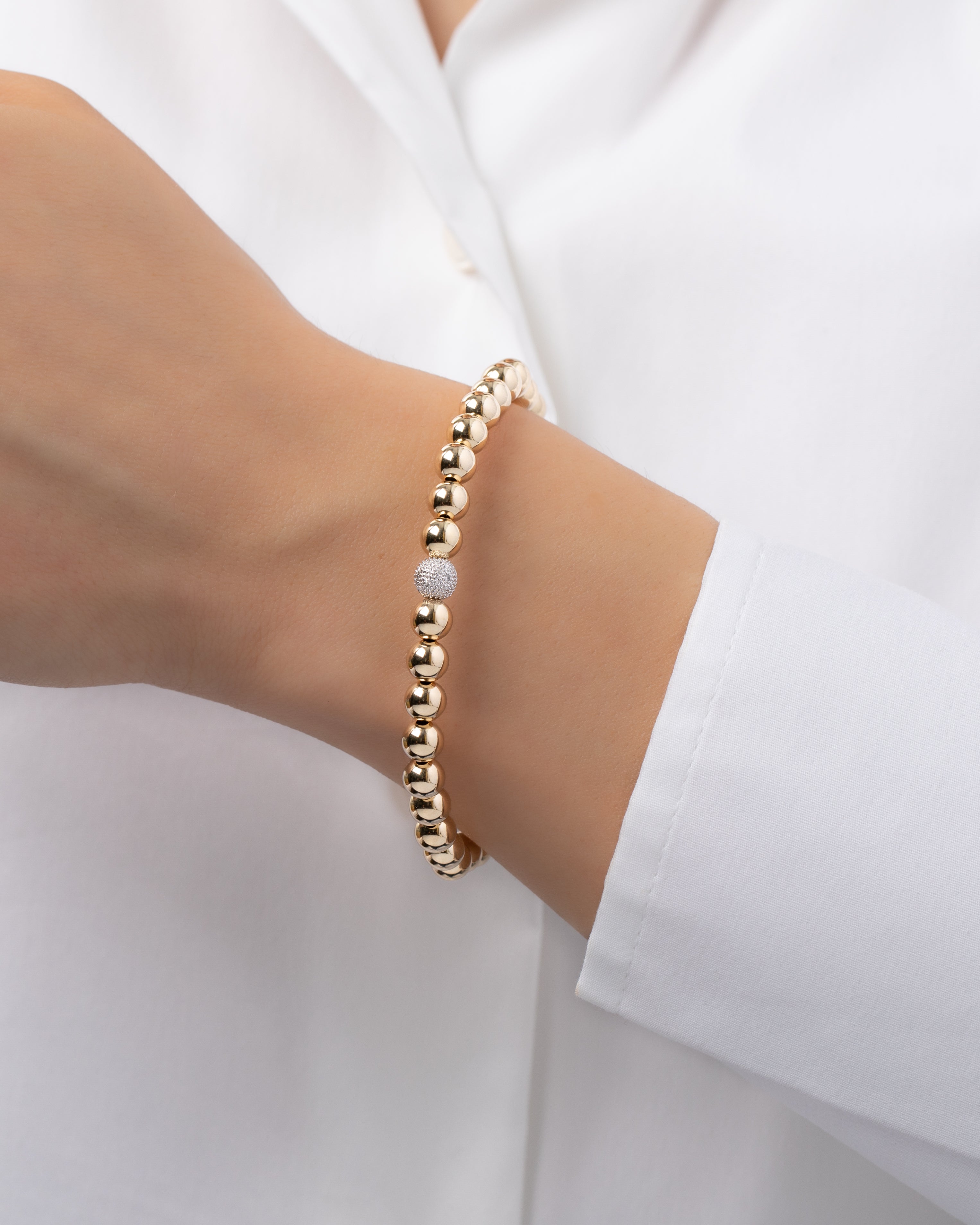 6mm Gold Bead Bracelet with Diamond Bead Zoe Lev Jewelry