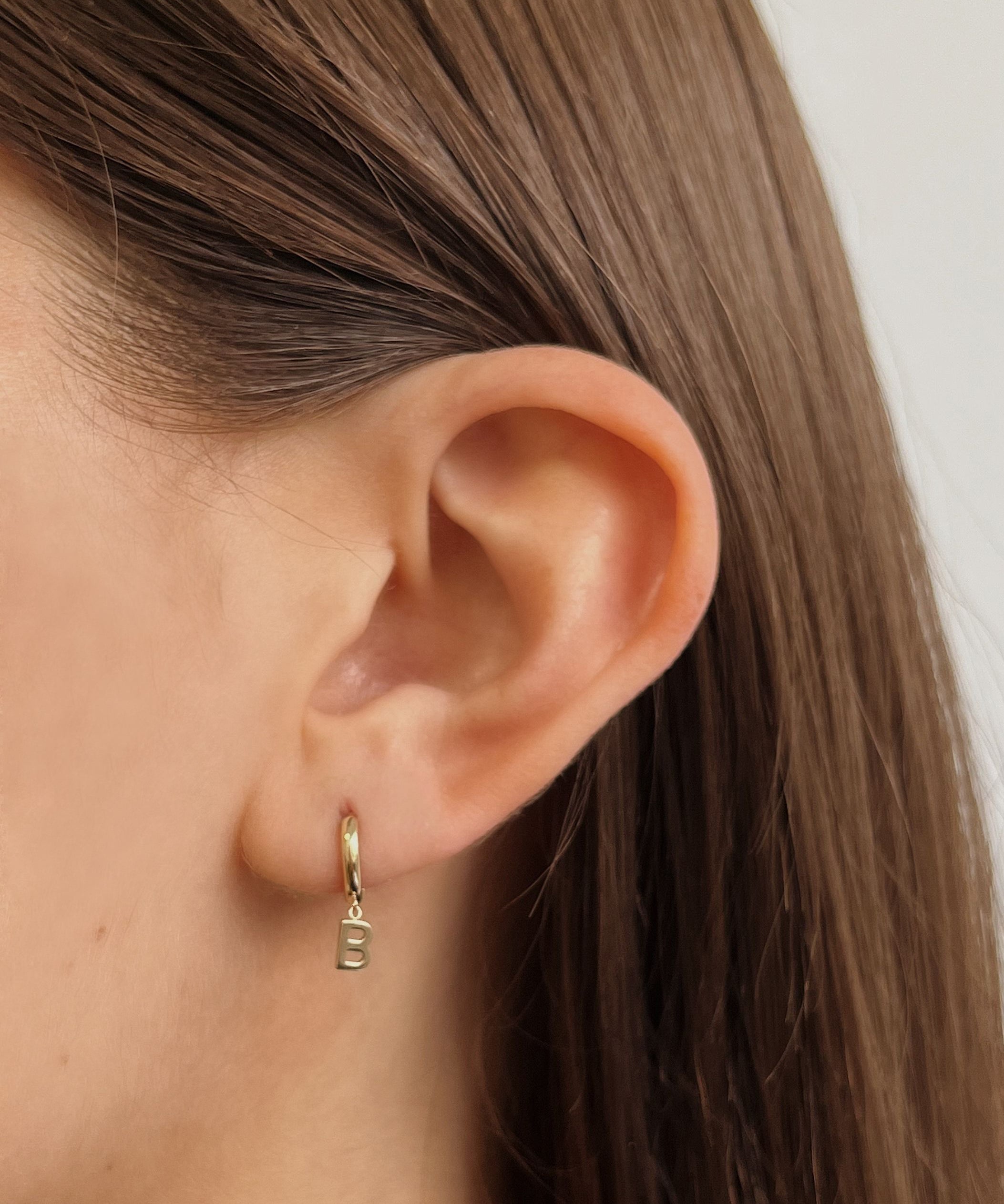 14k Yellow Gold Mini Huggie Earring with Initial 'B' SAMPLE SALE Zoe Lev Jewelry