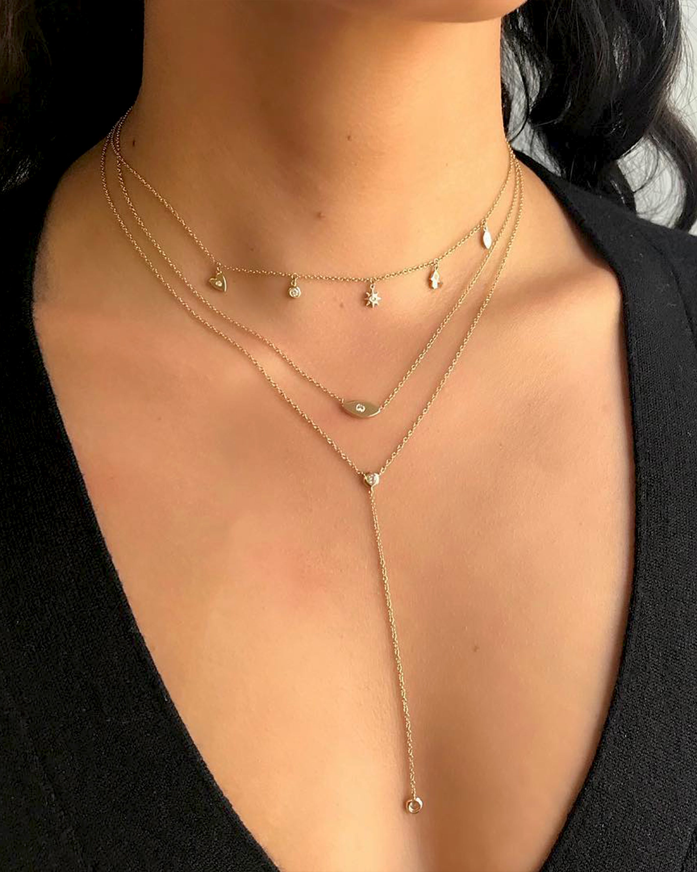14k Gold Bezel Diamond Lariat Necklace - Zoe Lev Jewelry