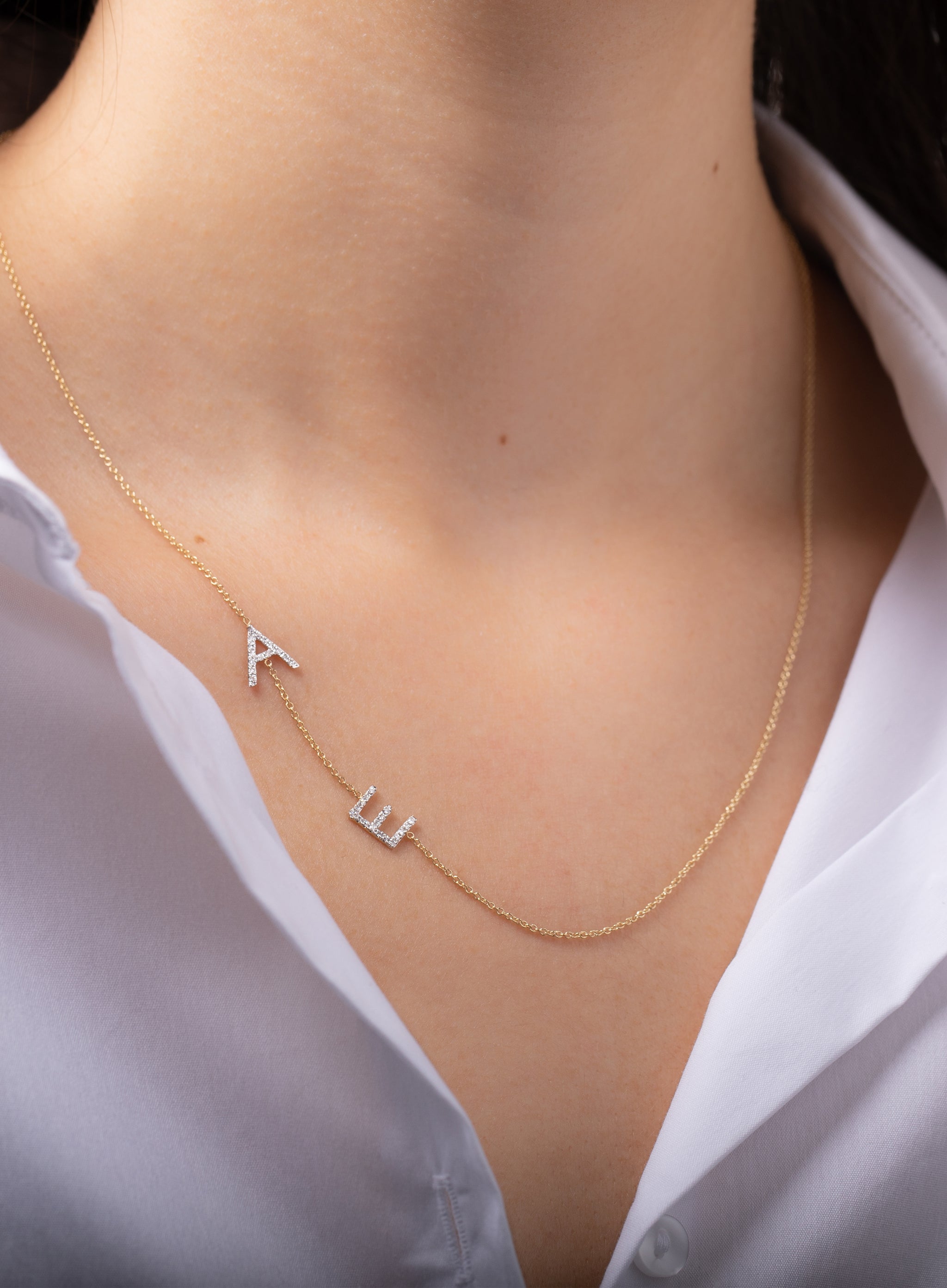 14K Solid Gold Sideways Initial Necklace - Up to 4 Letters – Be Monogrammed