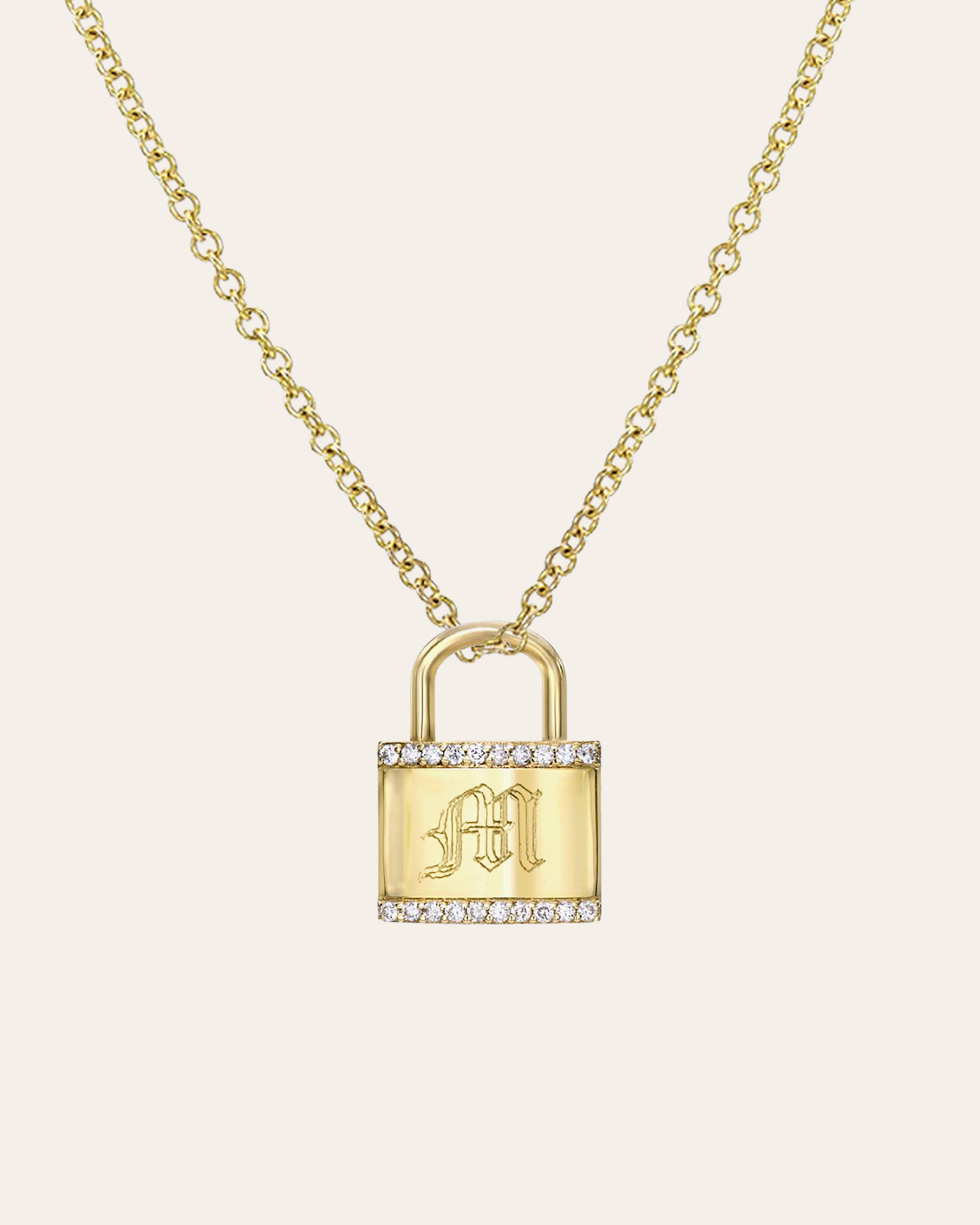 14K Solid Gold Initial Lock Necklace with Diamonds