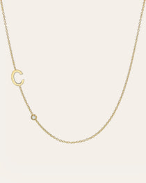 14k Gold Asymmetrical Initial and Bezel Diamond Necklace Personalized Zoe Lev Jewelry