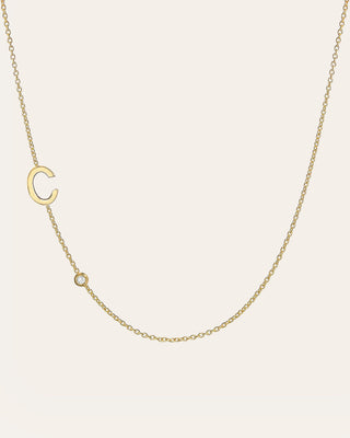 14k Gold Asymmetrical Initial and Bezel Diamond Necklace