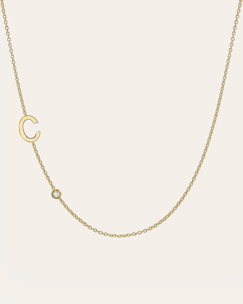 14k Gold Asymmetrical Initial and Bezel Diamond Necklace - Zoe