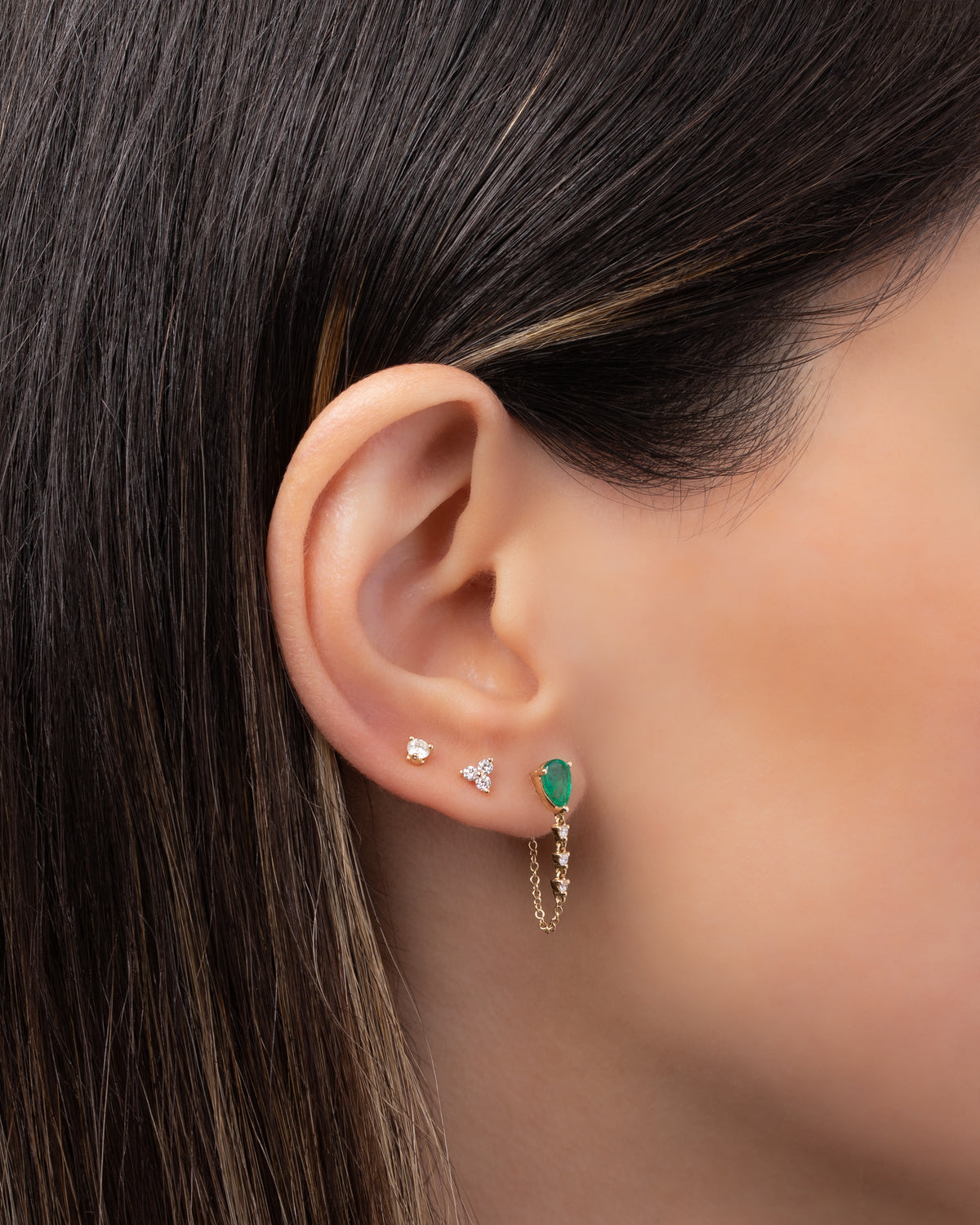 Emerald Pear &amp; Diamond Drop Chain Stud Earring