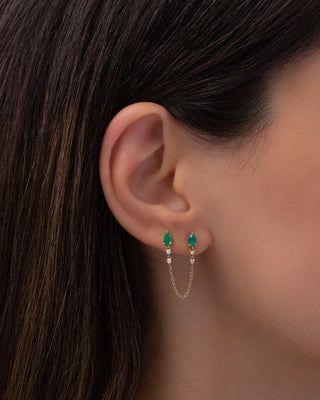 Emerald Pear and Diamond Chain Stud Earring