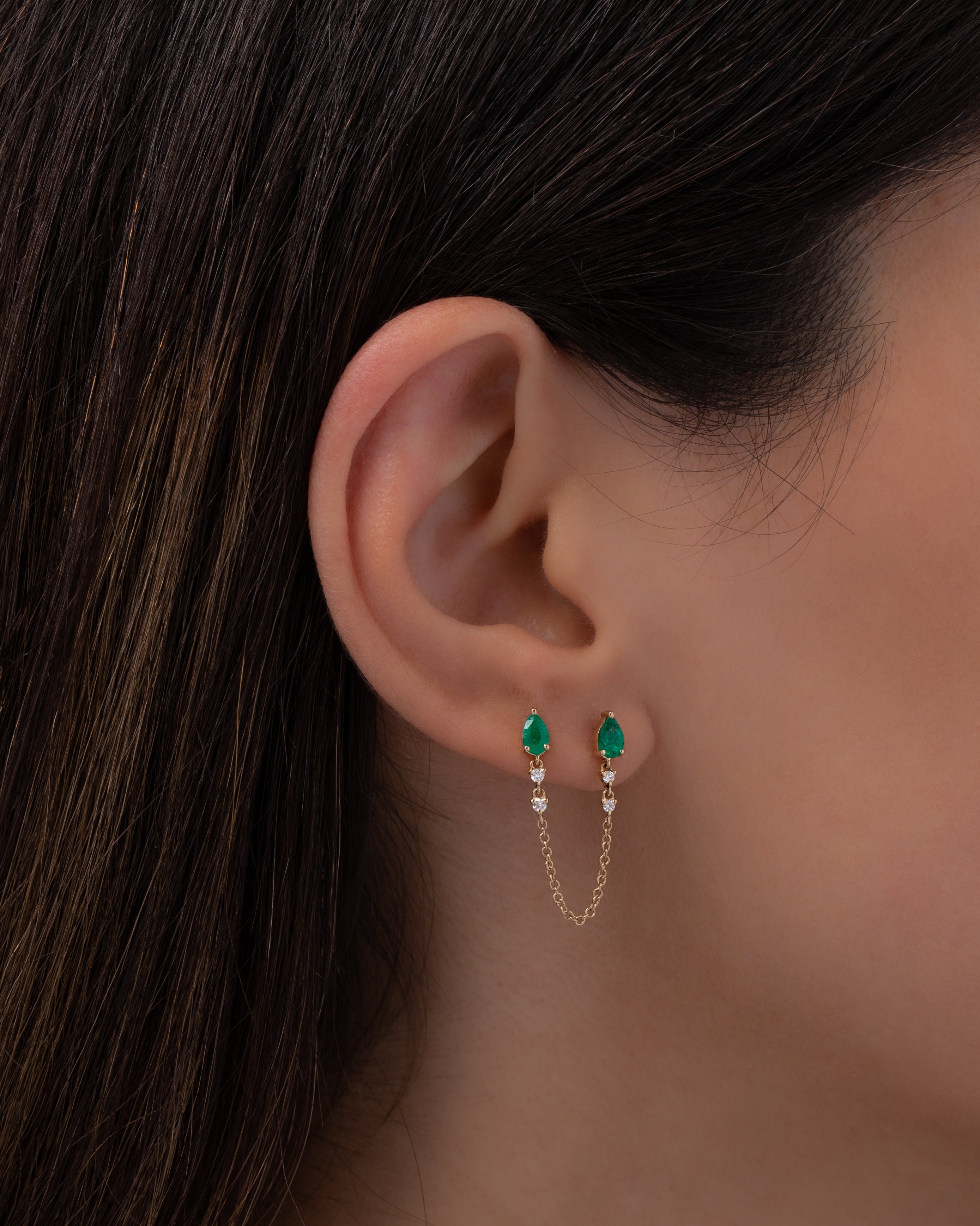 Emerald Pear and Diamond Chain Stud Earring Zoe Lev Jewelry