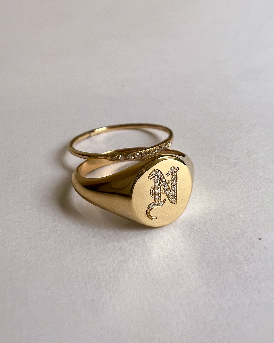 Diamond Gothic Initial Small Signet Ring
