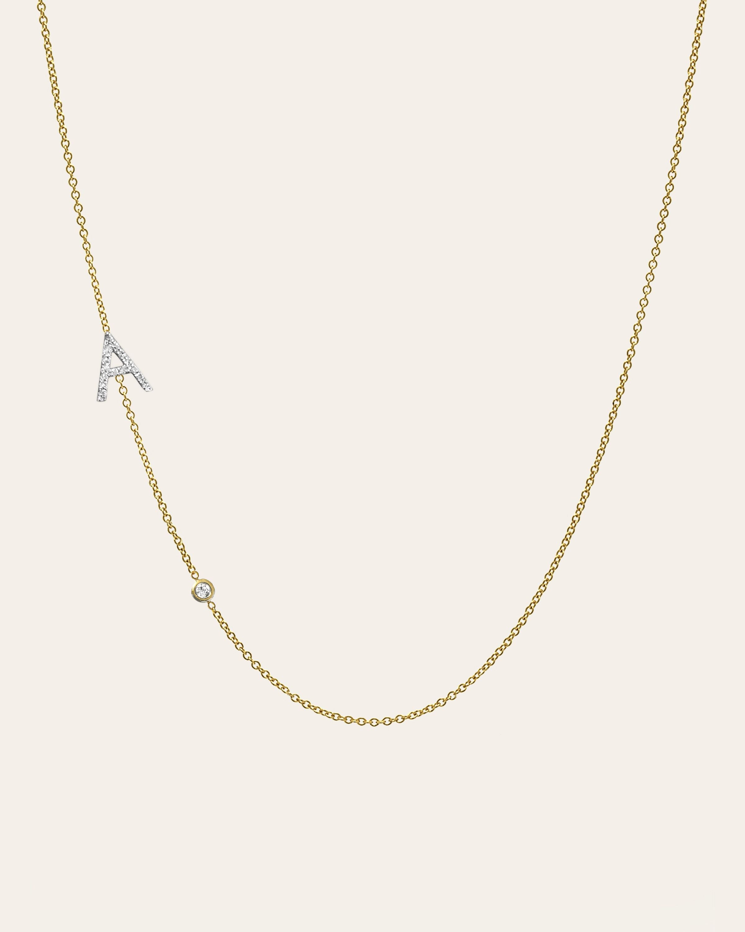 Diamond Asymmetrical Initial and Bezel Necklace Personalized Zoe Lev Jewelry
