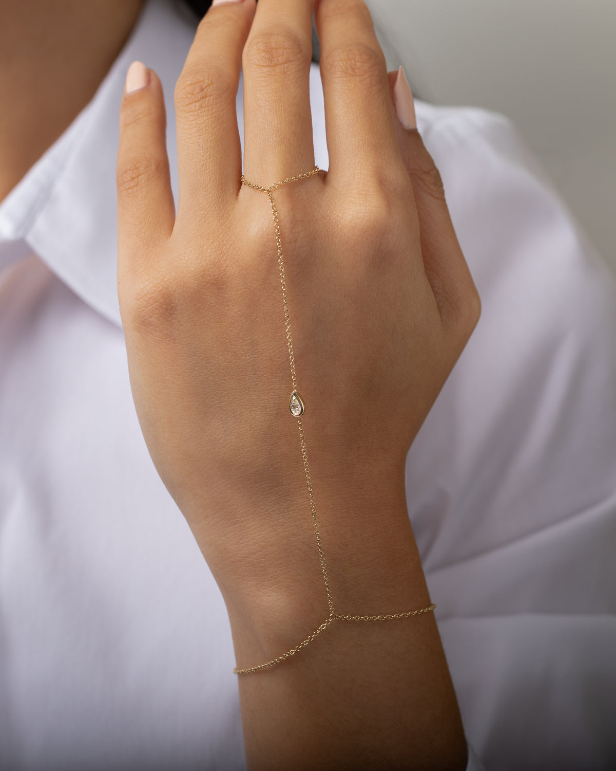 14K Gold Pear Shape Diamond Hand Chain