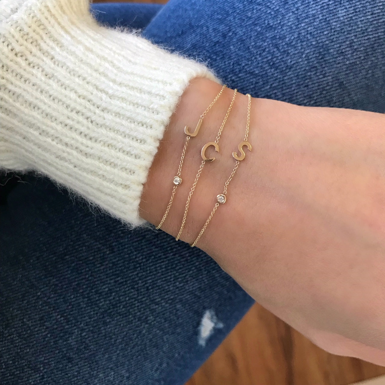 14k Gold Initial & Bezel Diamond Bracelet Personalized Zoe Lev Jewelry