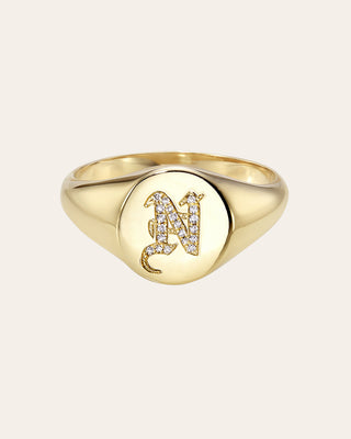 Diamond Gothic Initial Small Signet Ring