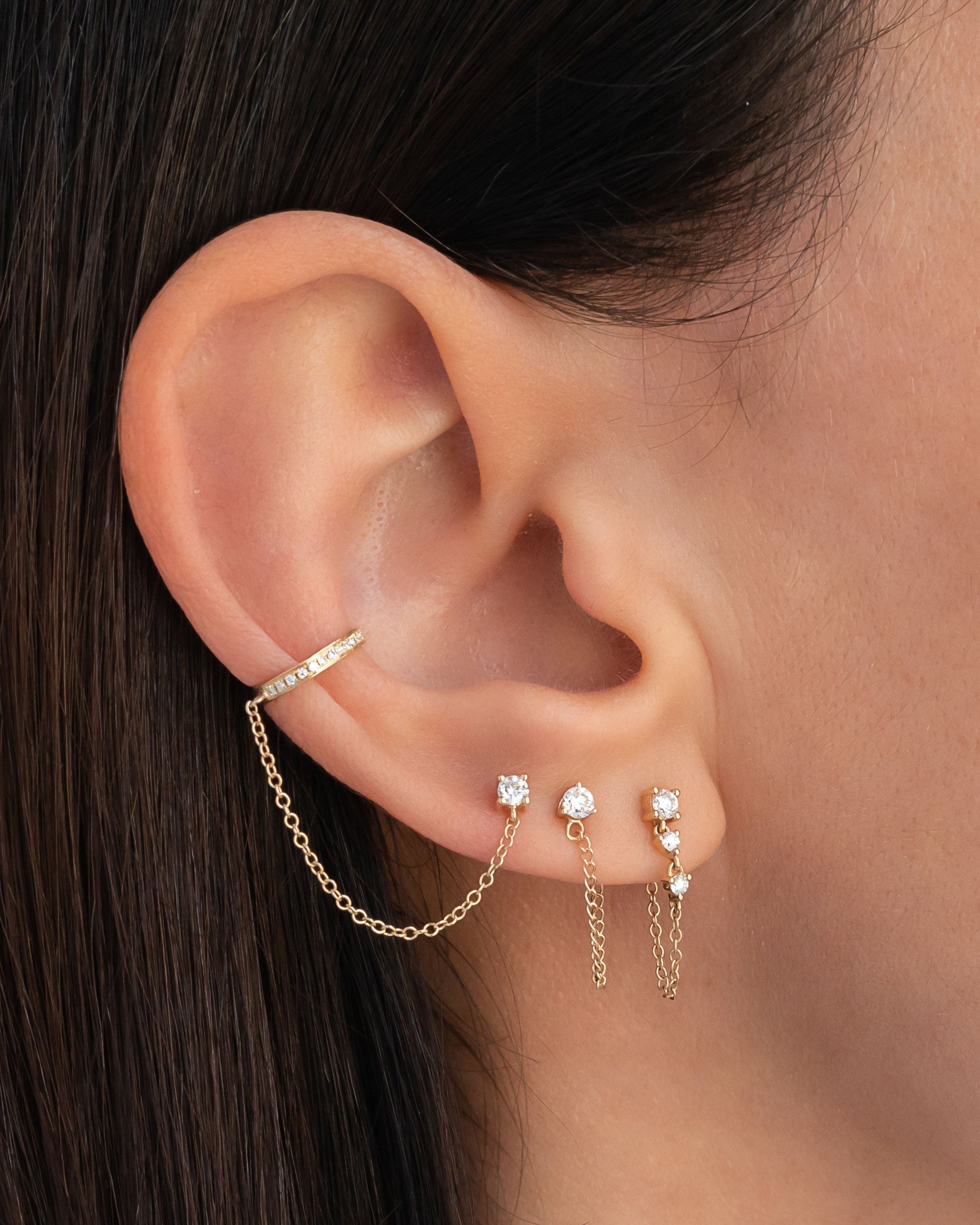 3 Prong Diamond Stud Chain Earrings Zoe Lev Jewelry