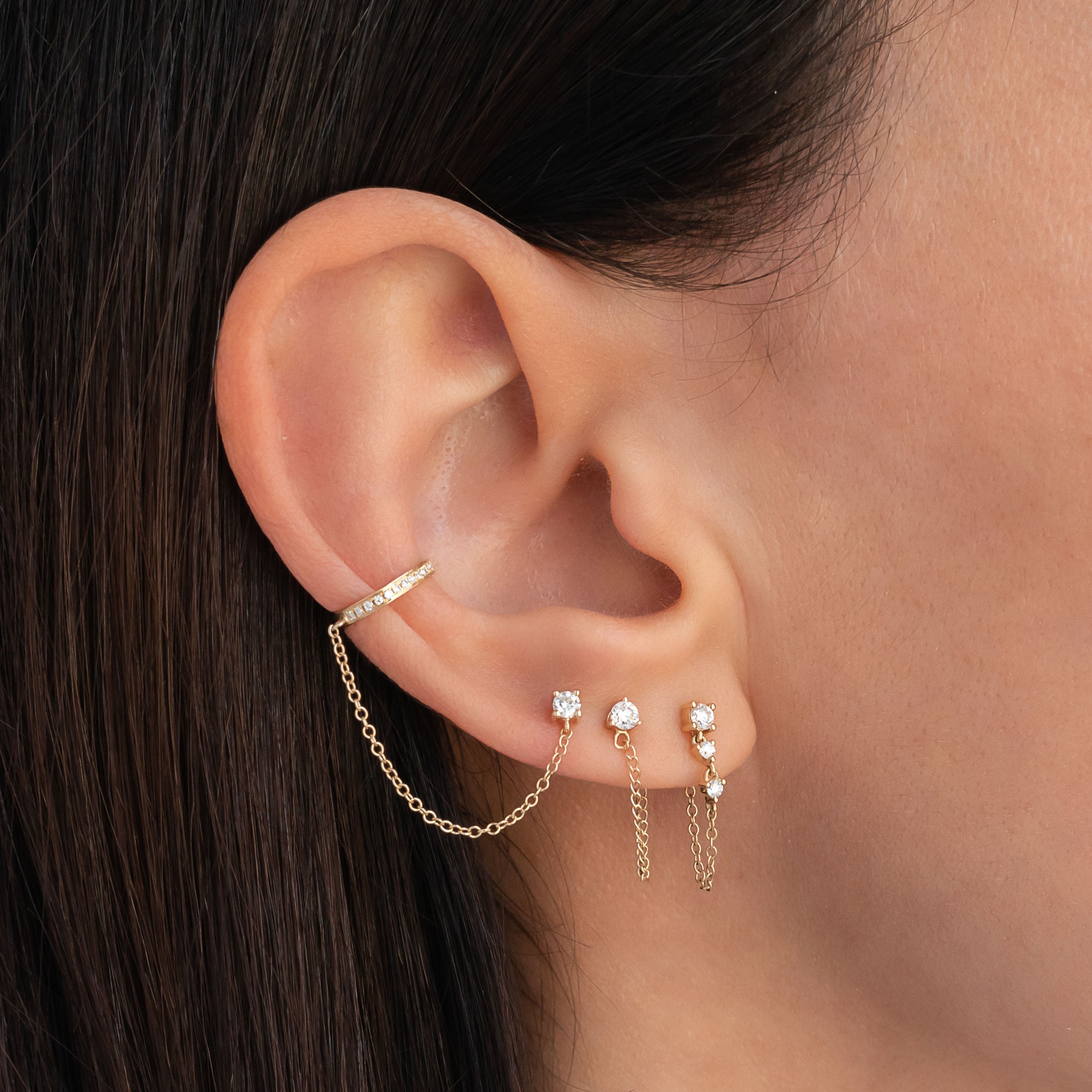 3 Prong Diamond Stud Chain Earrings - Zoe Lev Jewelry