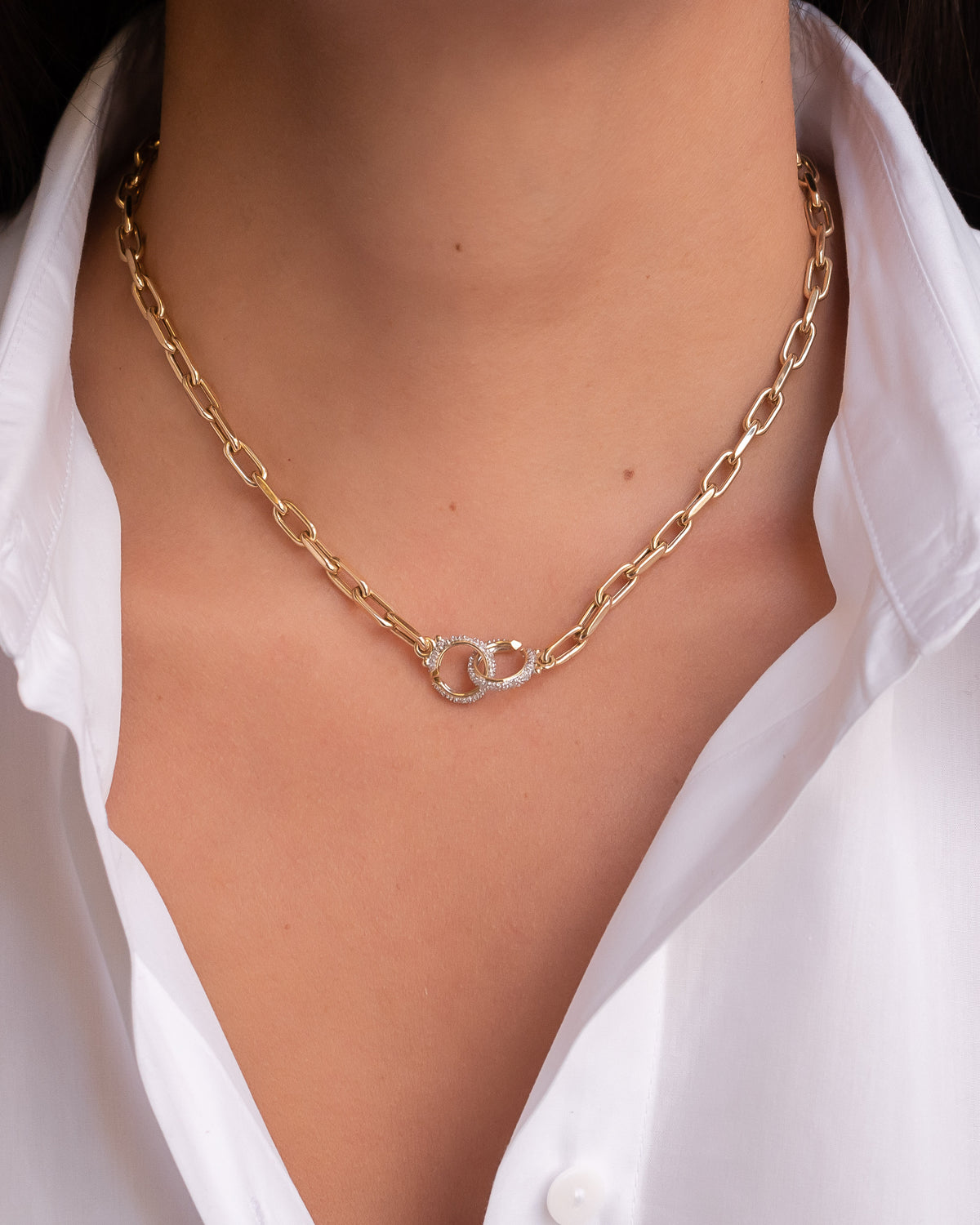 14k Gold Large Open Link Chain with Diamond Handcuffs Necklace