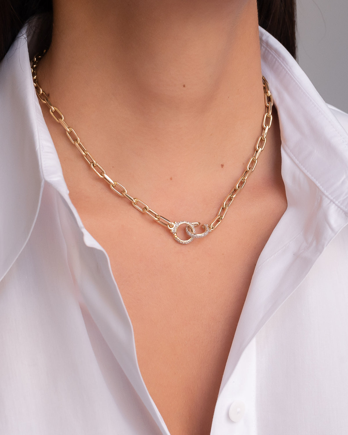 14k Gold Large Open Link Chain with Diamond Handcuffs Necklace