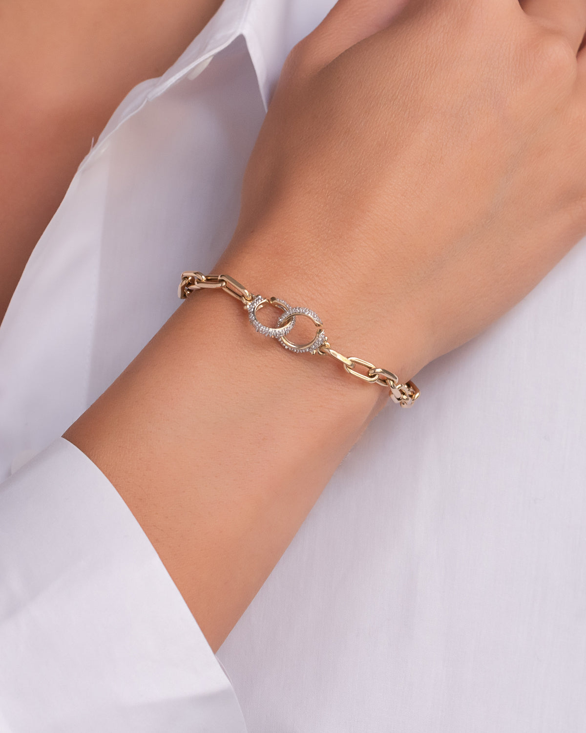 14k Gold Large Open Link Chain Bracelet with Diamond Handcuffs