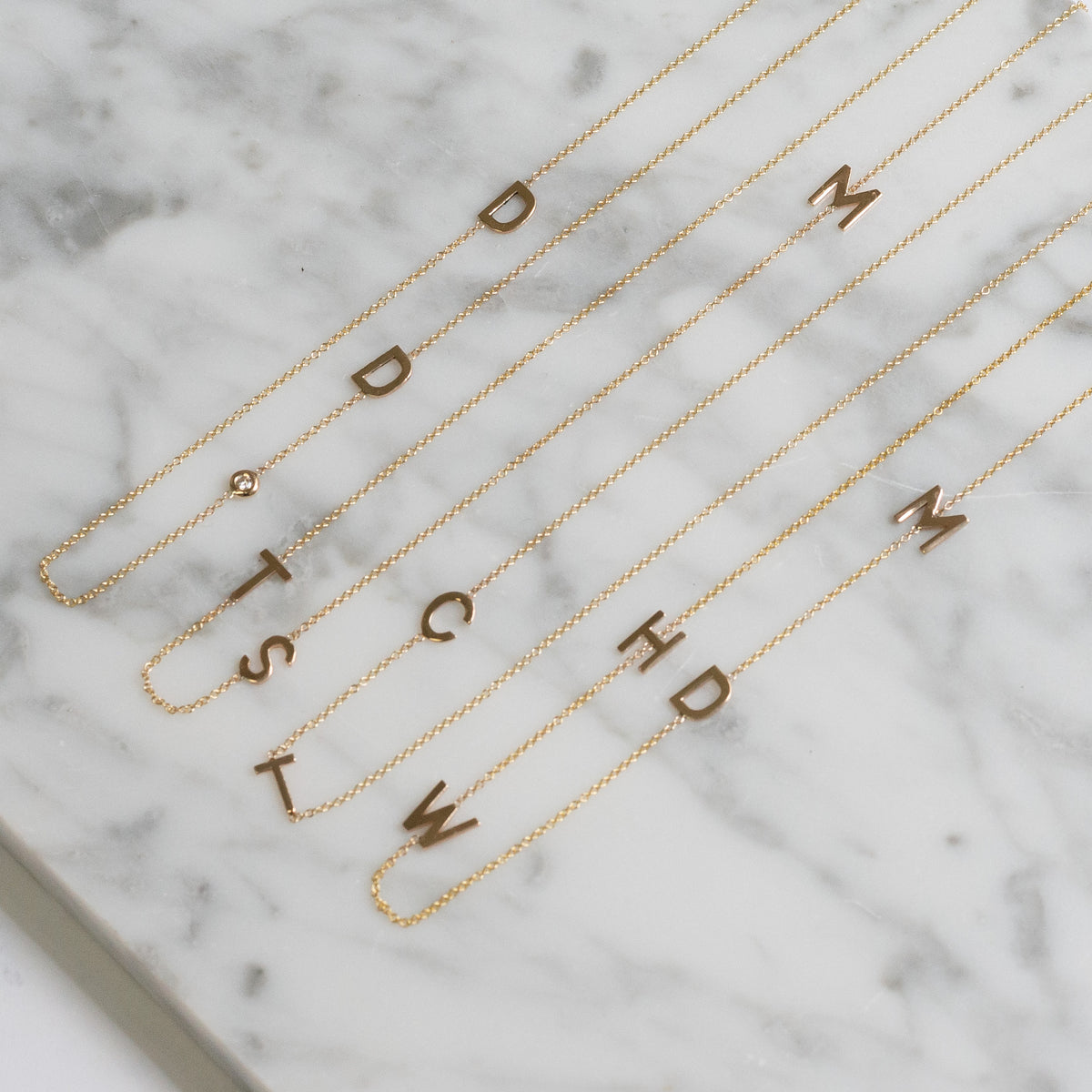 14K Yellow Gold Asymmetrical Initial and Diamond Bezel Necklaces