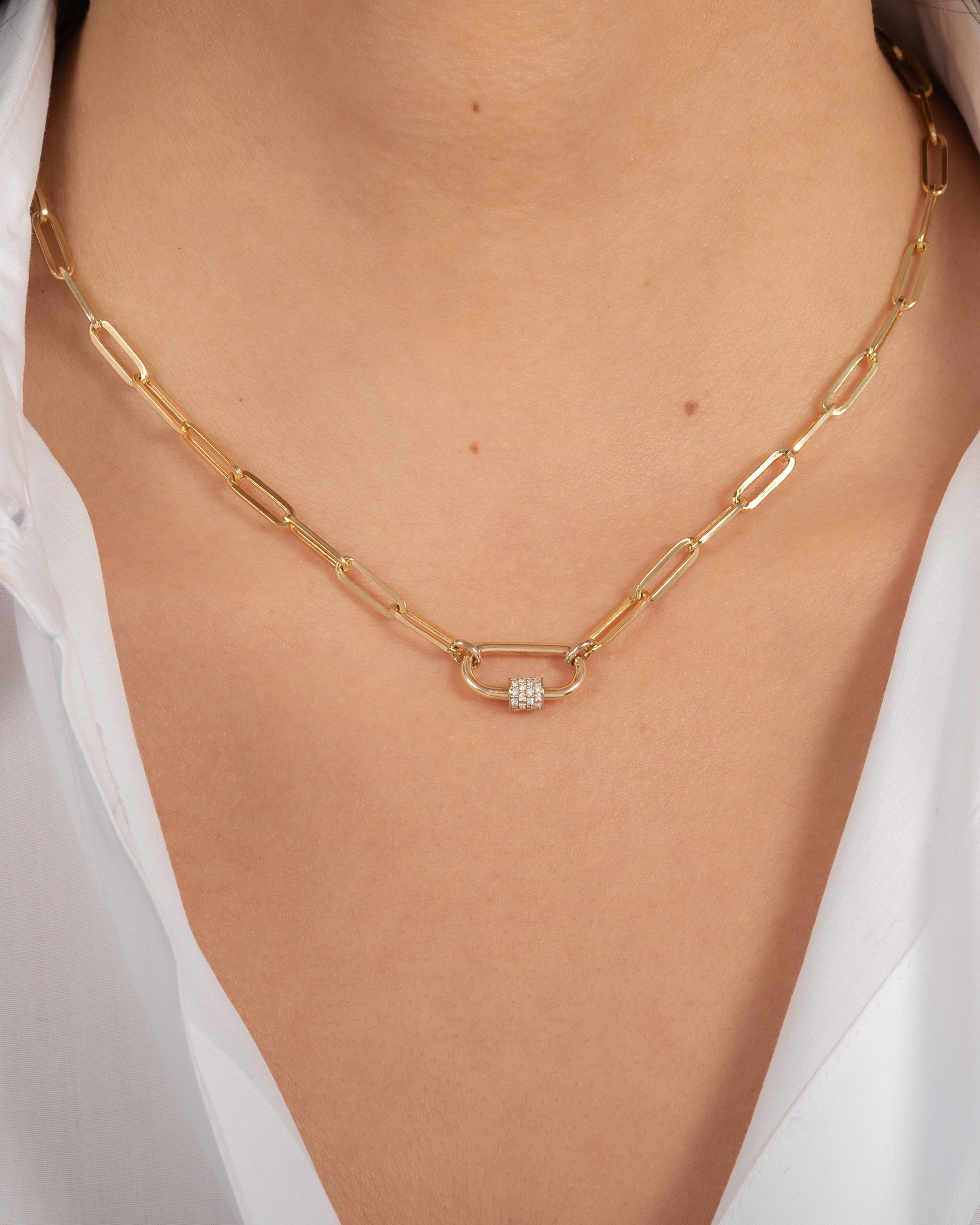14k Gold Large Paper Clip Chain with Diamond Carabiner Necklace Chains Zoe Lev Jewelry