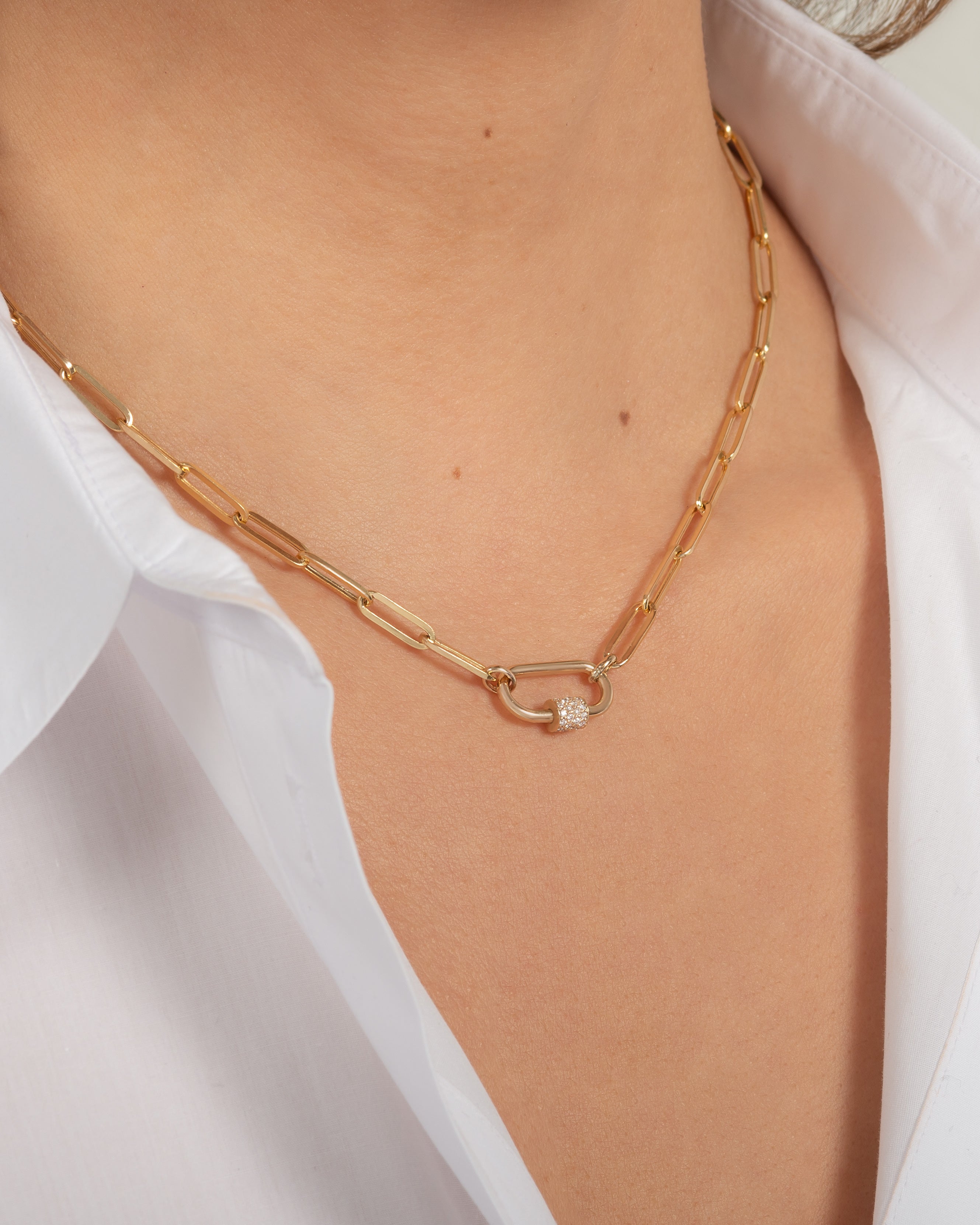 Bujukan Carabiner Lock Necklace with Hollow Paperclip Chain in 14k