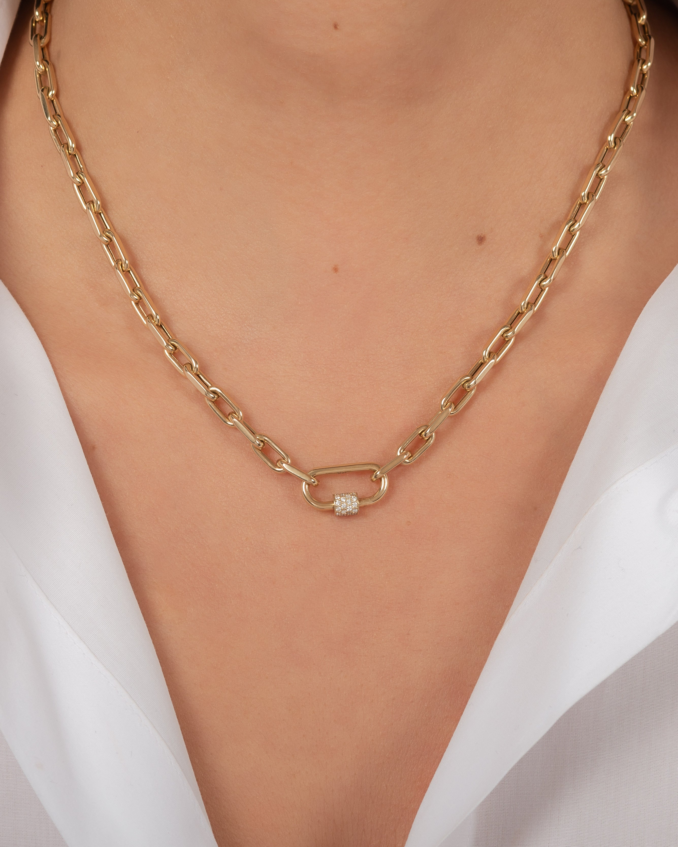 14k Gold Large Open Link Chain with Diamond Carabiner Necklace Chains Zoe Lev Jewelry