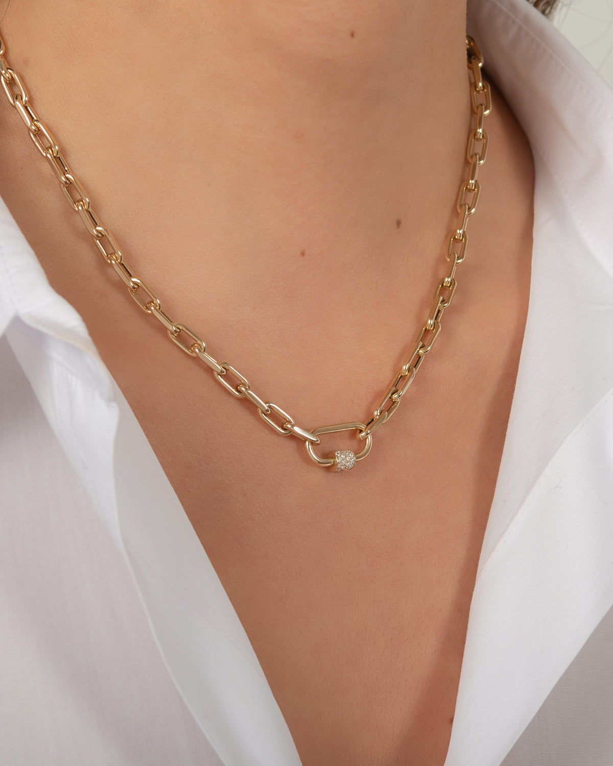 14k Gold Large Open Link Chain with Diamond Carabiner Necklace