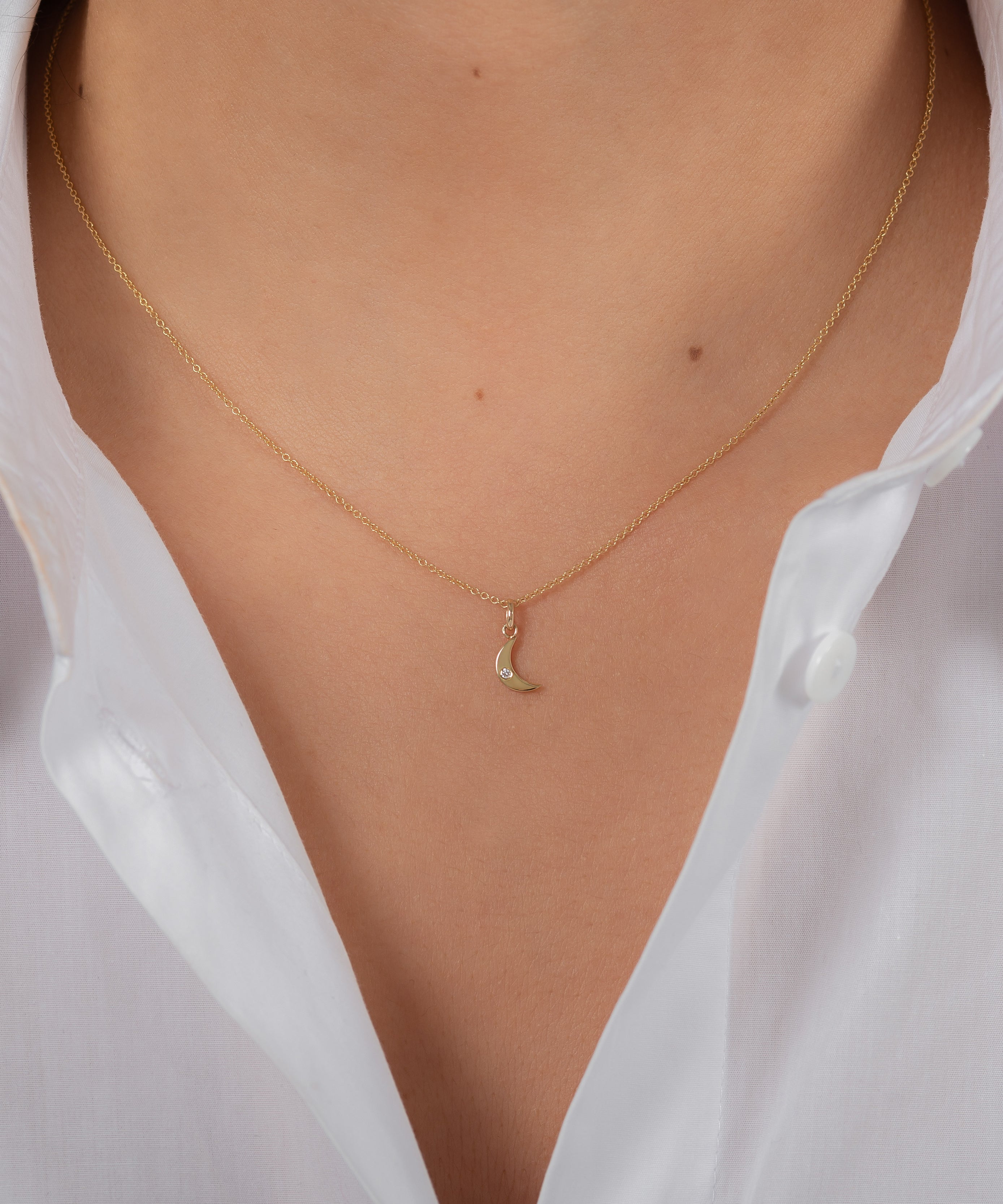 14k Gold Moon with Tiny Diamond Pendant Zoe Lev Jewelry
