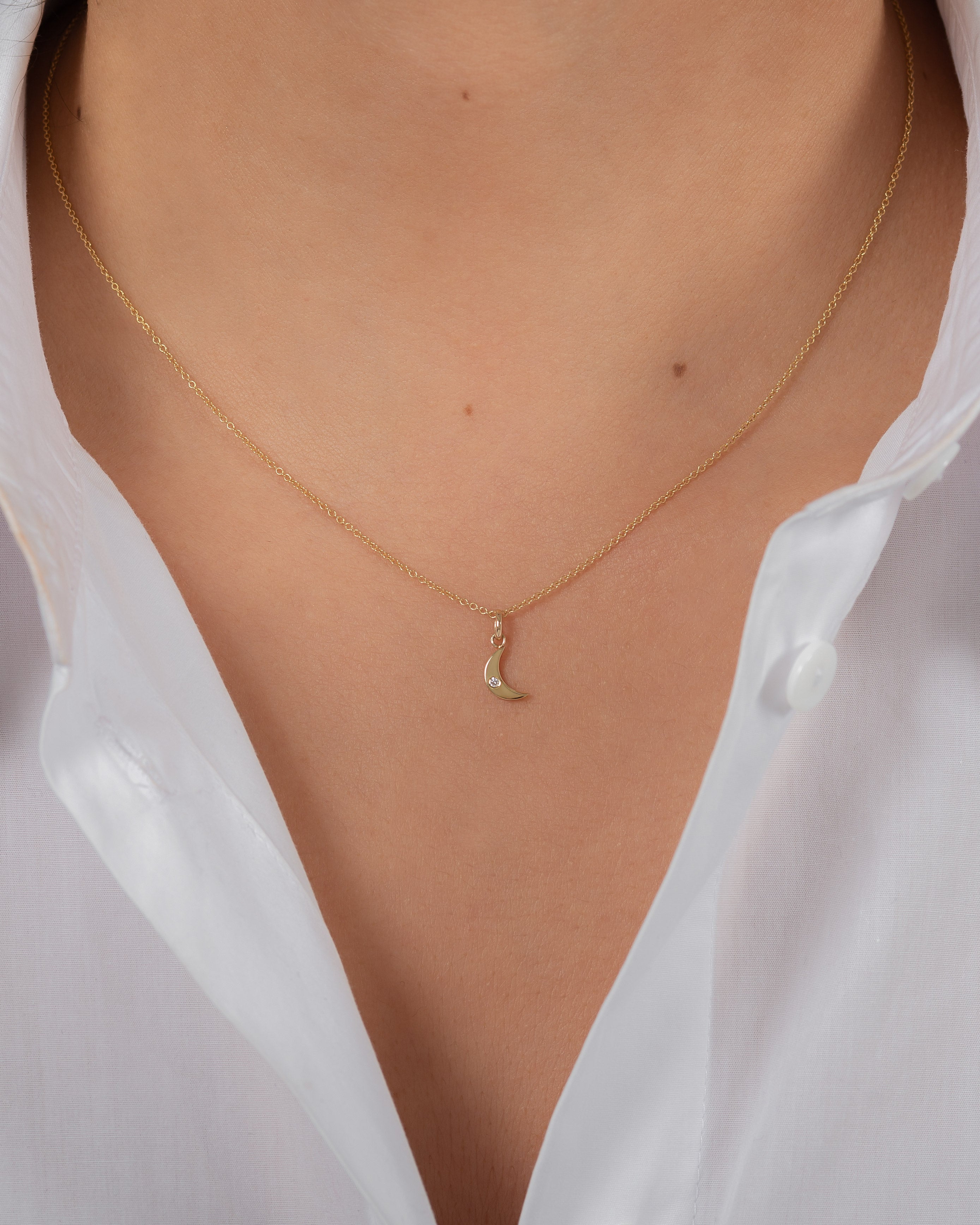 14k Gold Moon with Tiny Diamond Pendant Zoe Lev Jewelry