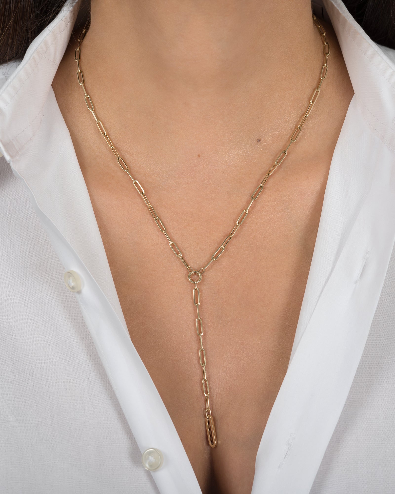 14k Gold Large Paper Clip Lariat Necklace Chains Zoe Lev Jewelry