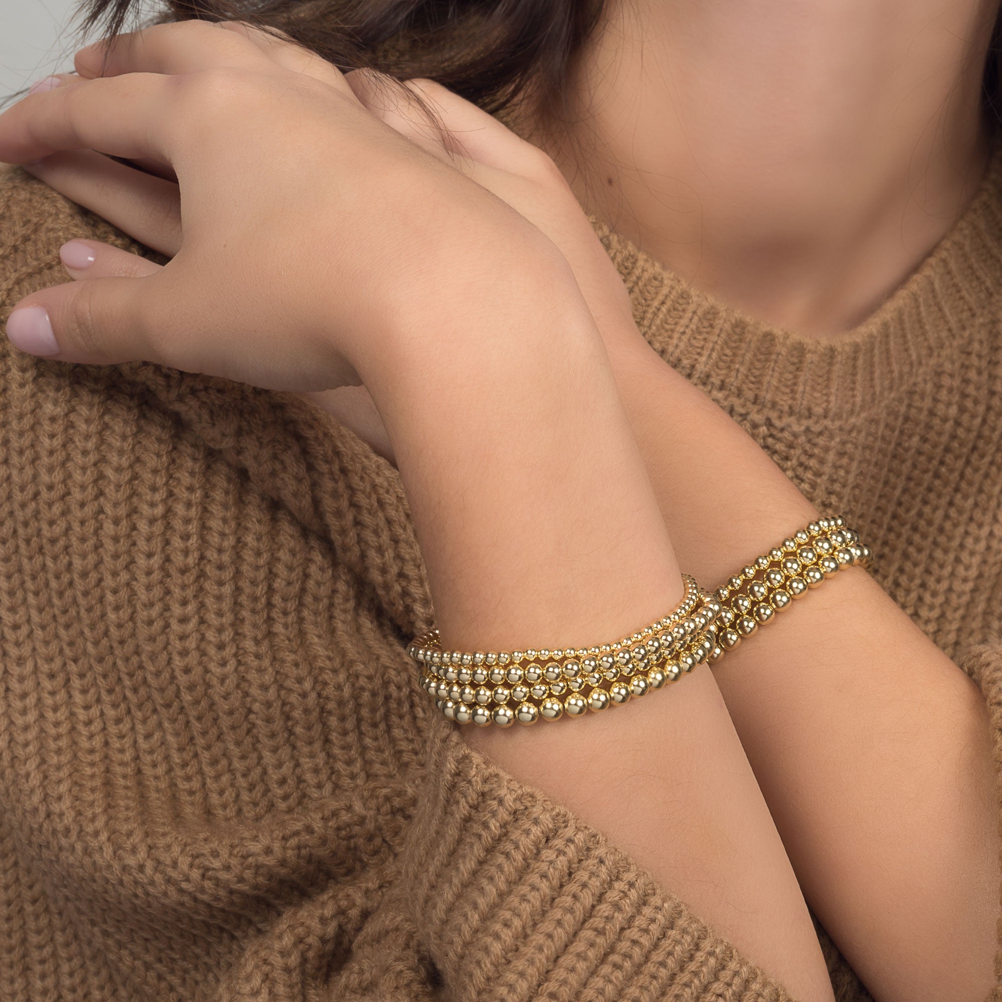 NEW HEAVY 3mm Gold Bead Bracelet Elastic Gold Bead Bracelet 18k Gold Filled Beaded  Bracelet 