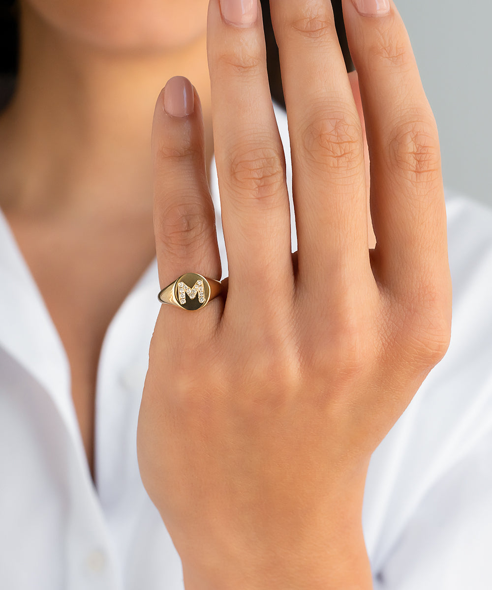 Diamond 'M' Initial Small Signet Ring SAMPLE SALE Zoe Lev Jewelry