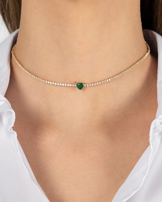 4 Prong Diamond Tennis Necklace with Heart Cut Emerald - Custom Order