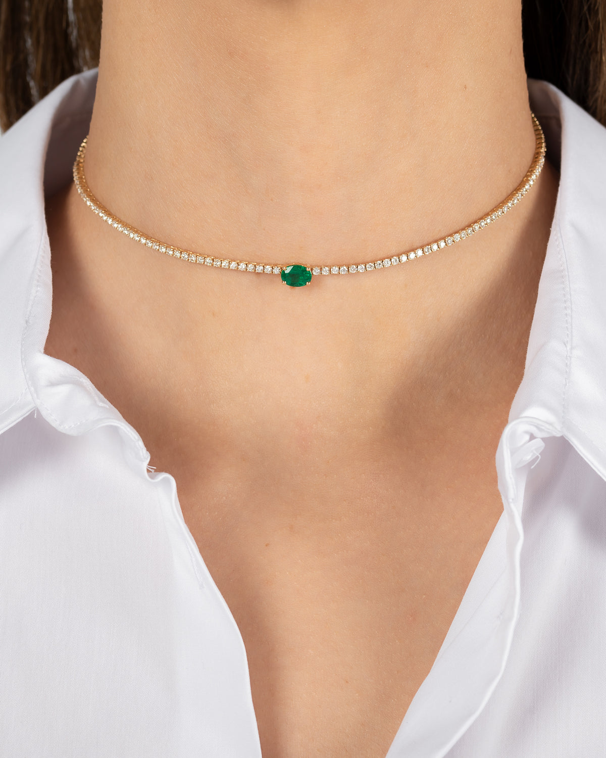 4 Prong Diamond Tennis Necklace with Oval Cut Emerald