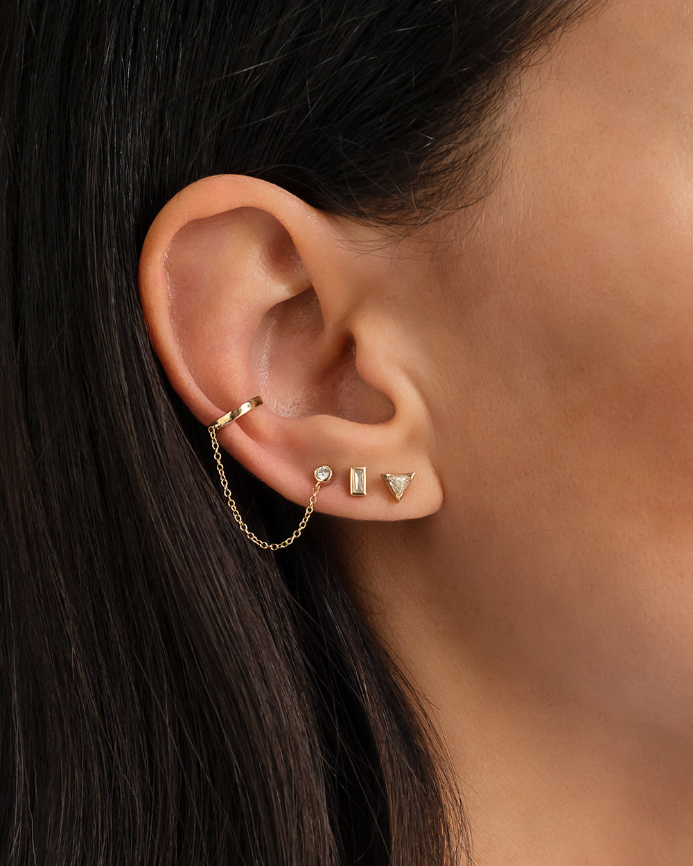 14k Gold Ear Cuff with Bezel Diamond Chain