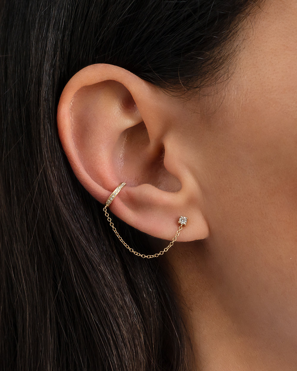 Diamond Ear Cuff With Diamond Stud Chain Zoe Lev Jewelry