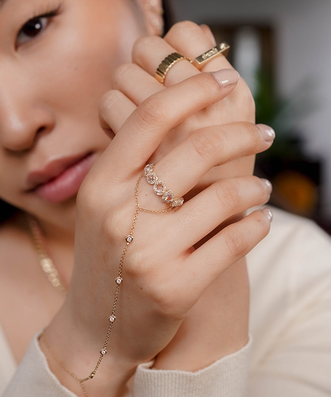 14k Gold Multiple Bezel Diamond Hand Chain Hand Chain Zoe Lev Jewelry