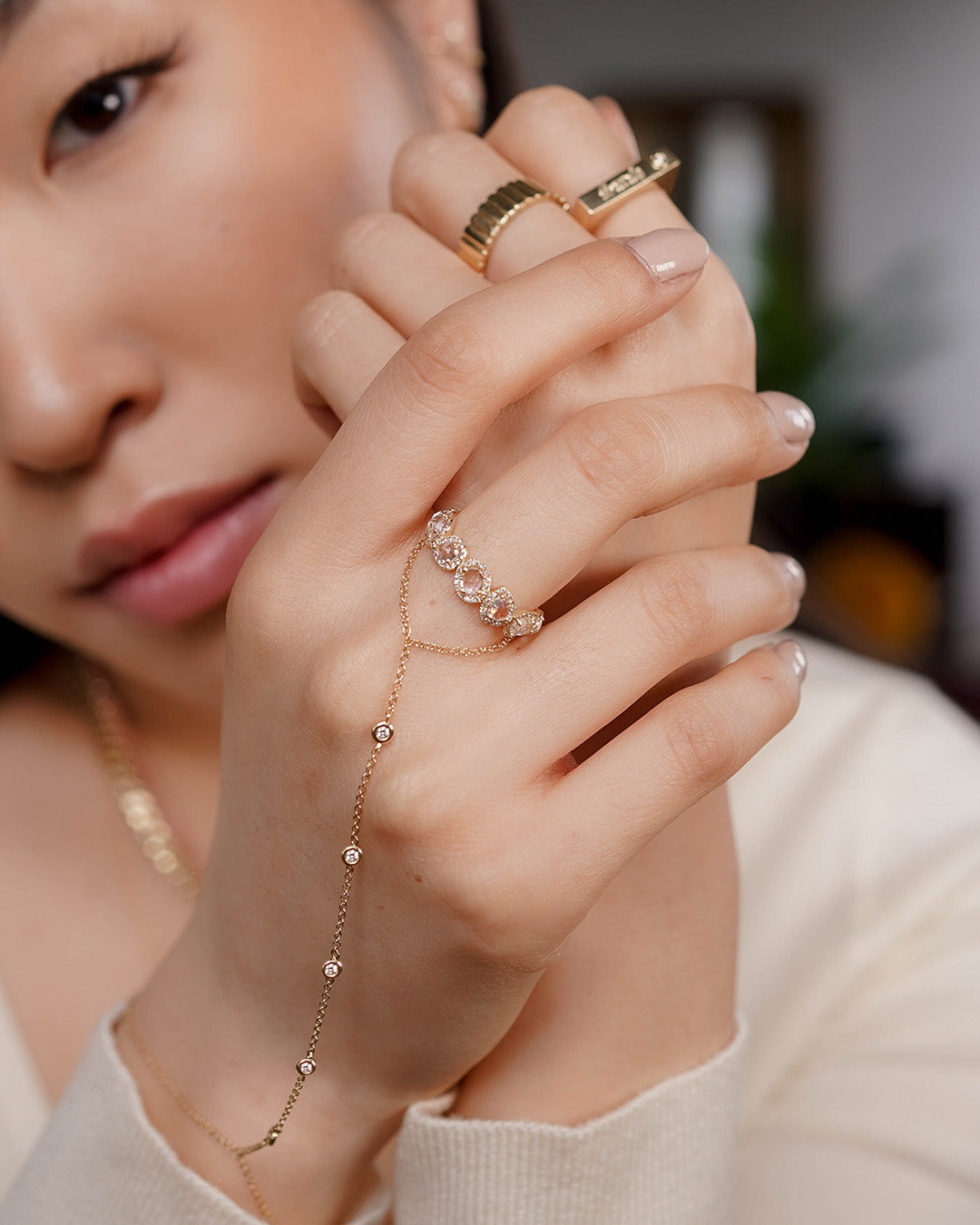 14k Gold Multiple Bezel Diamond Hand Chain Hand Chain Zoe Lev Jewelry